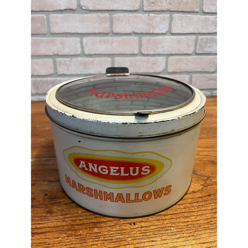 Vintage Angelus Marshmallow 5lb Advertising Tin Can w/ Glass Lid Display Chicago