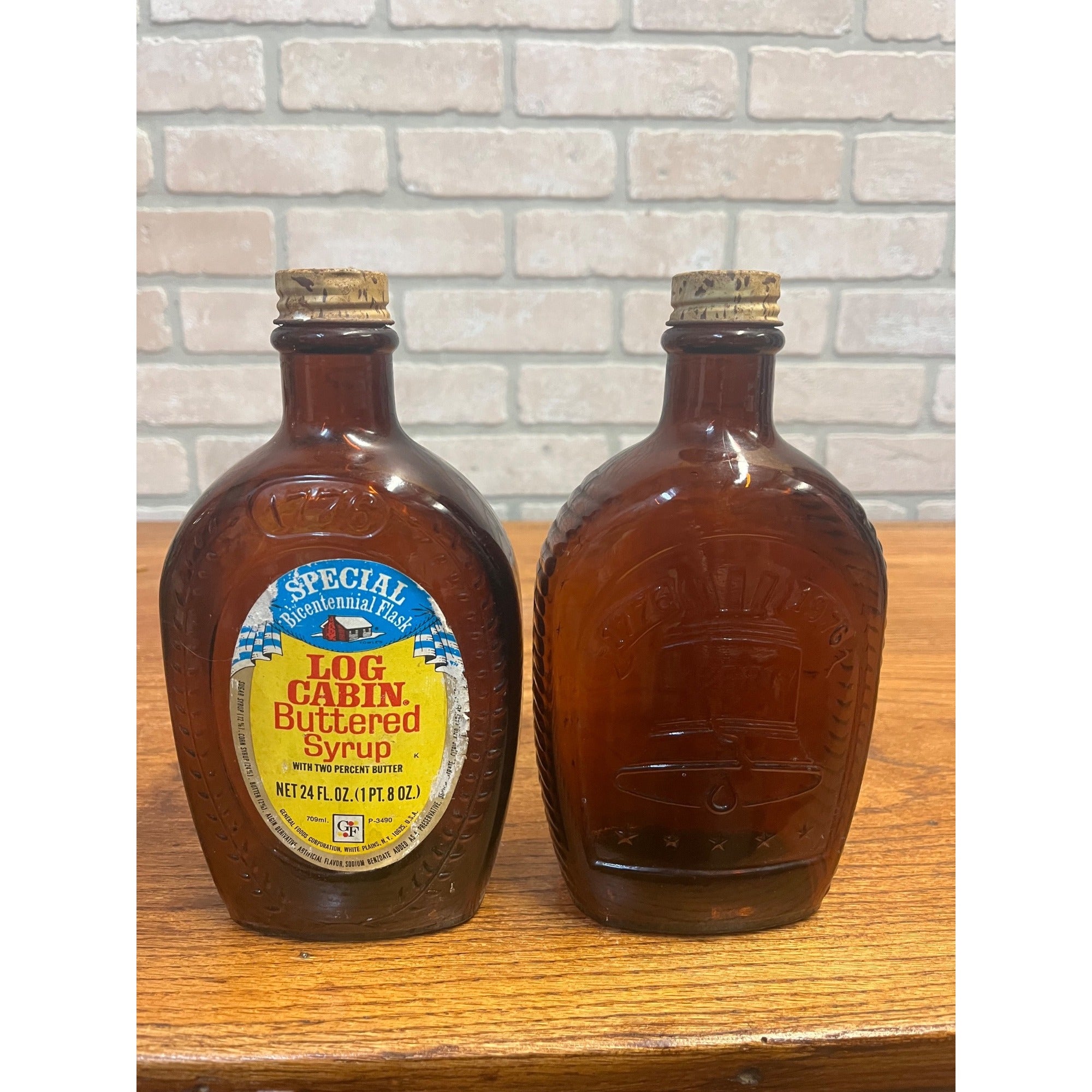 Vintage Log Cabin Syrup Bottle Bicentennial 1776-1976 Amber Bottles Liberty Bell