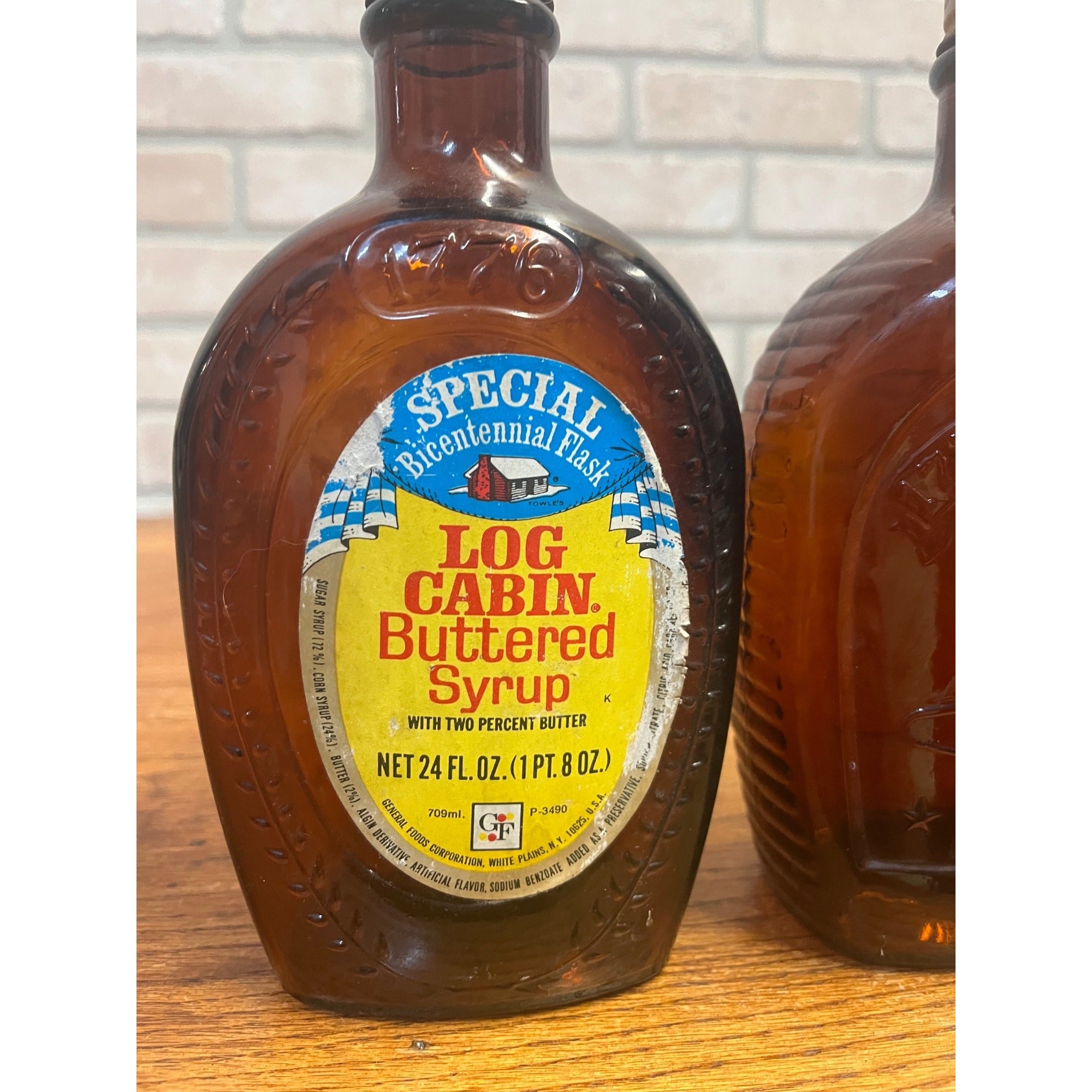 Vintage Log Cabin Syrup Bottle Bicentennial 1776-1976 Amber Bottles Liberty Bell