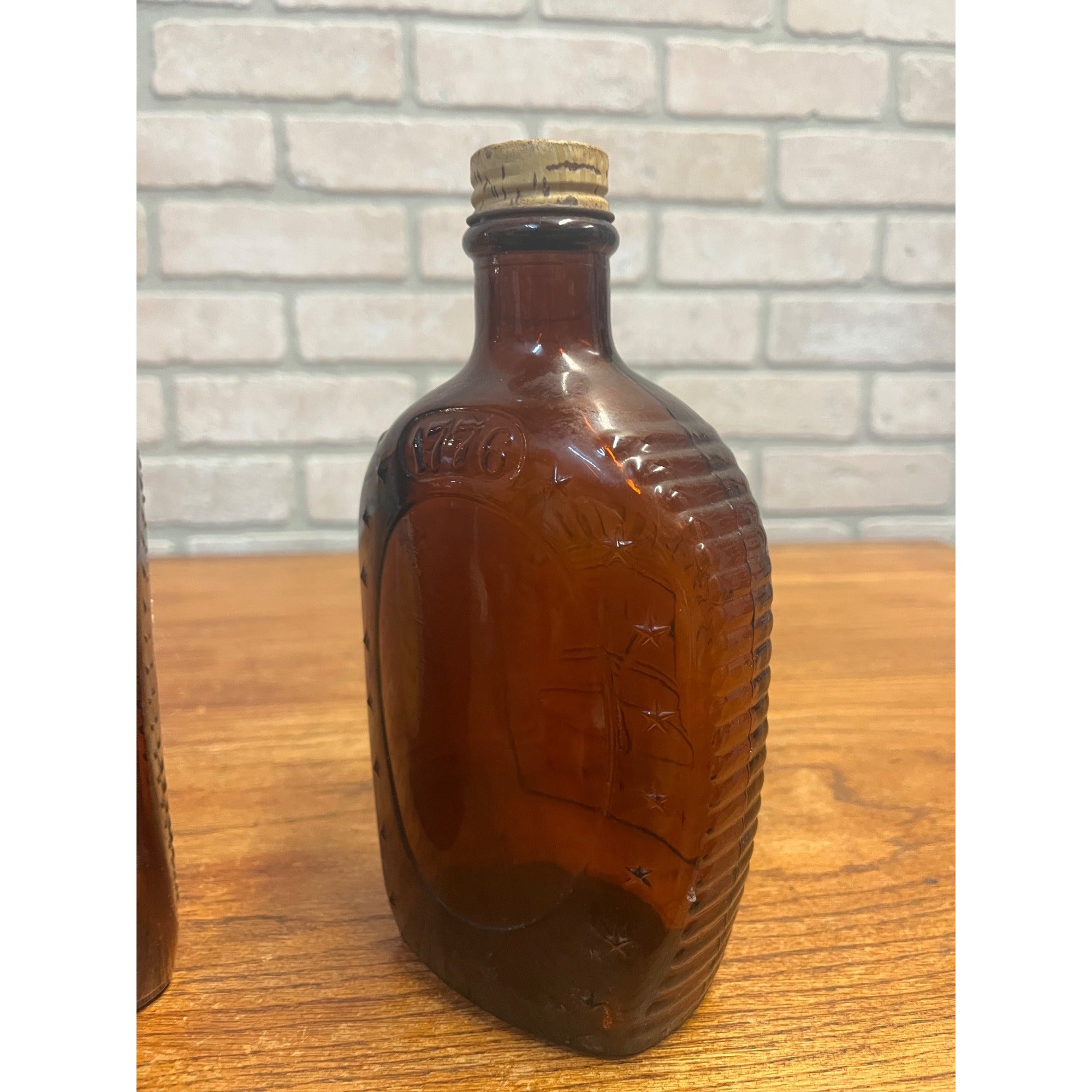 Vintage Log Cabin Syrup Bottle Bicentennial 1776-1976 Amber Bottles Liberty Bell