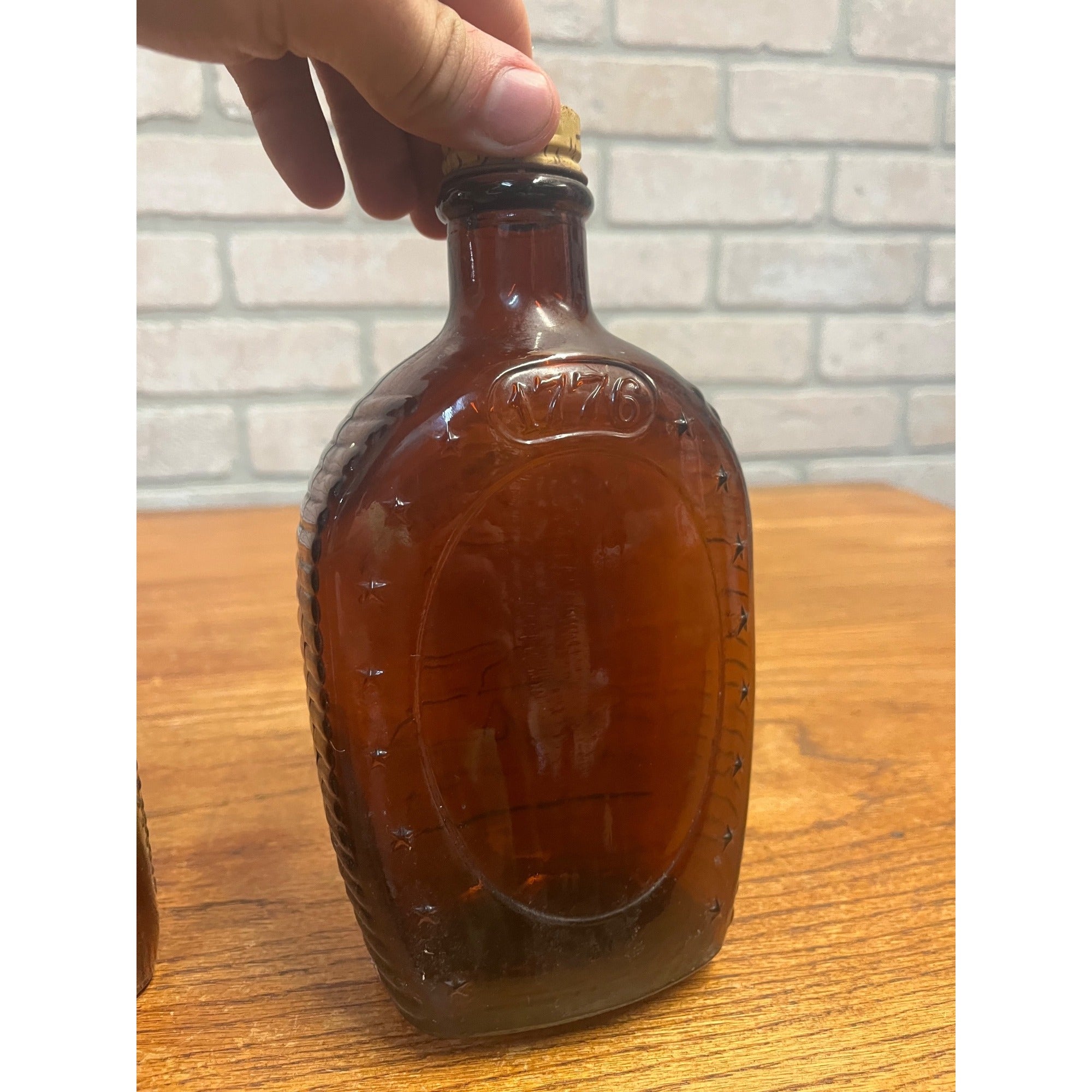 Vintage Log Cabin Syrup Bottle Bicentennial 1776-1976 Amber Bottles Liberty Bell