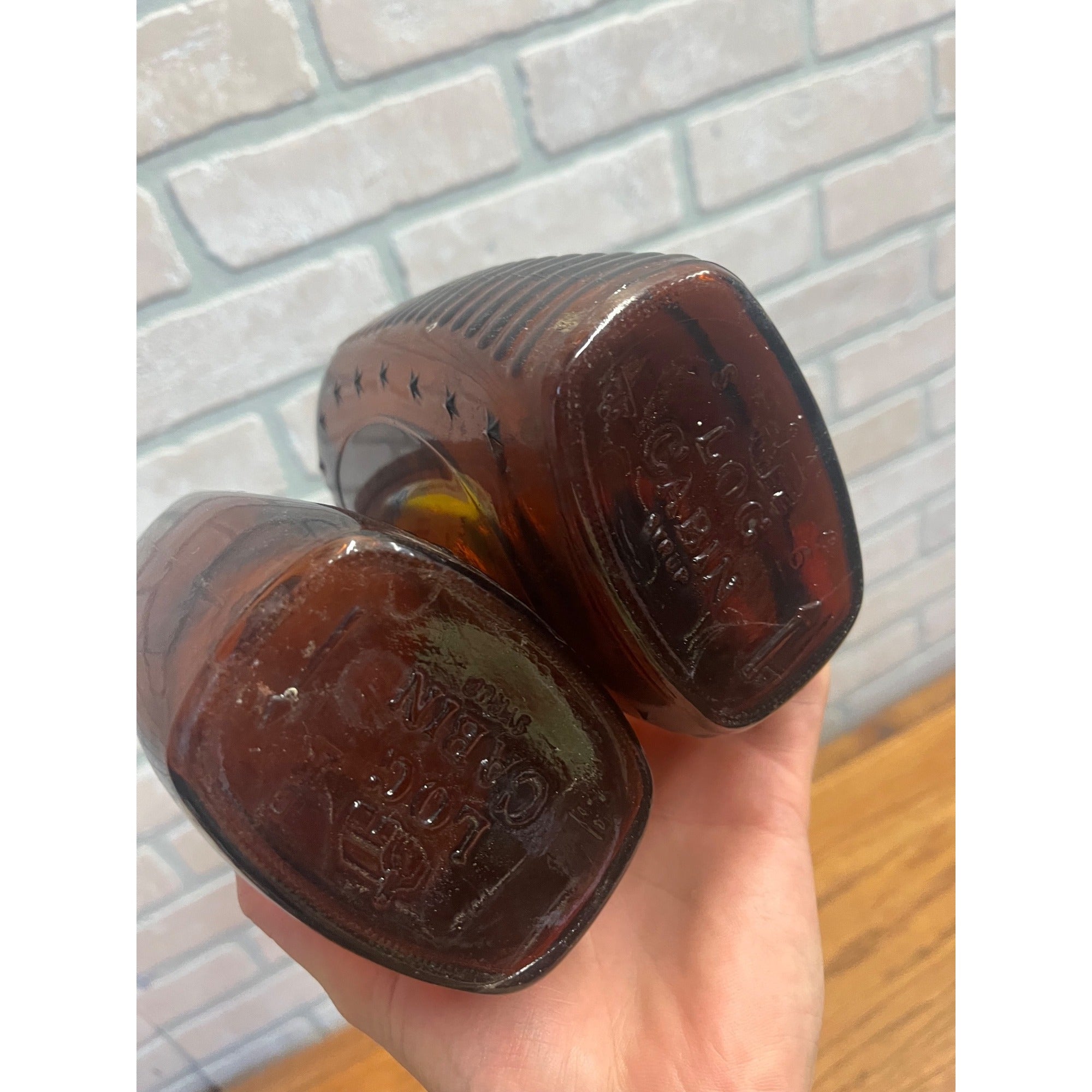 Vintage Log Cabin Syrup Bottle Bicentennial 1776-1976 Amber Bottles Liberty Bell