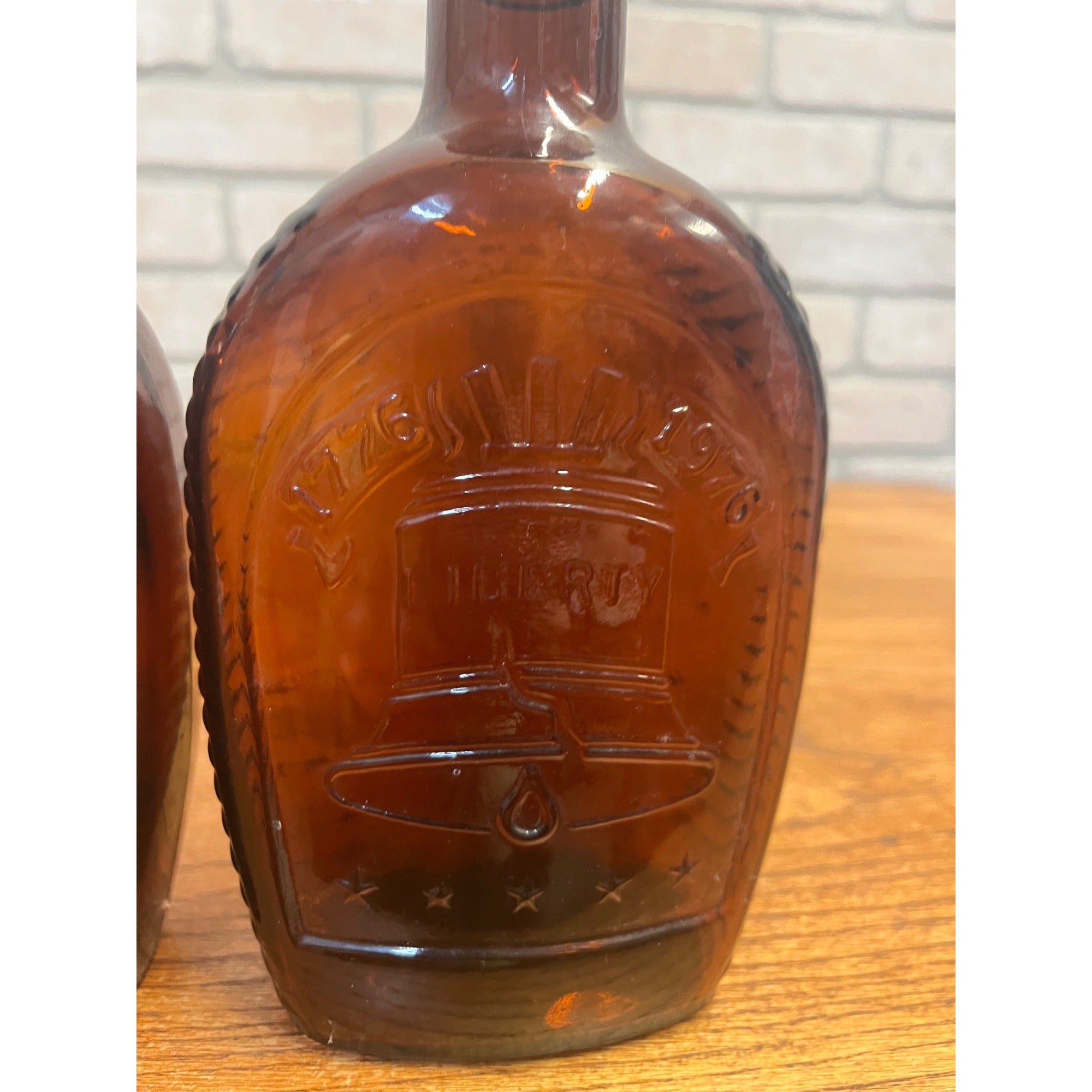 Vintage Log Cabin Syrup Bottle Bicentennial 1776-1976 Amber Bottles Liberty Bell