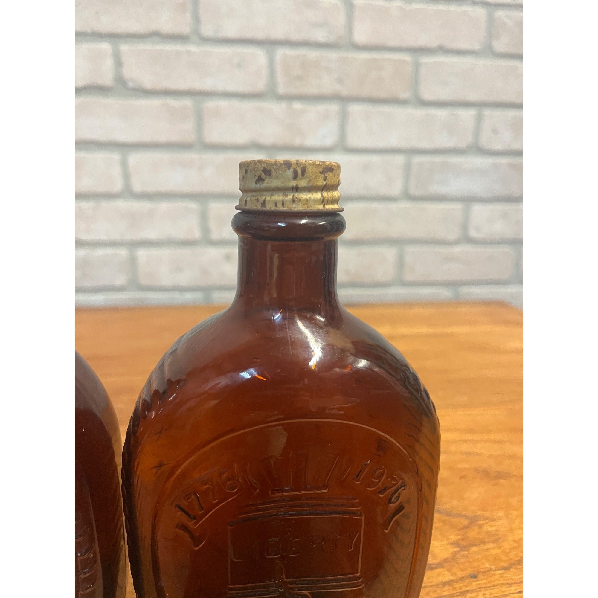 Vintage Log Cabin Syrup Bottle Bicentennial 1776-1976 Amber Bottles Liberty Bell