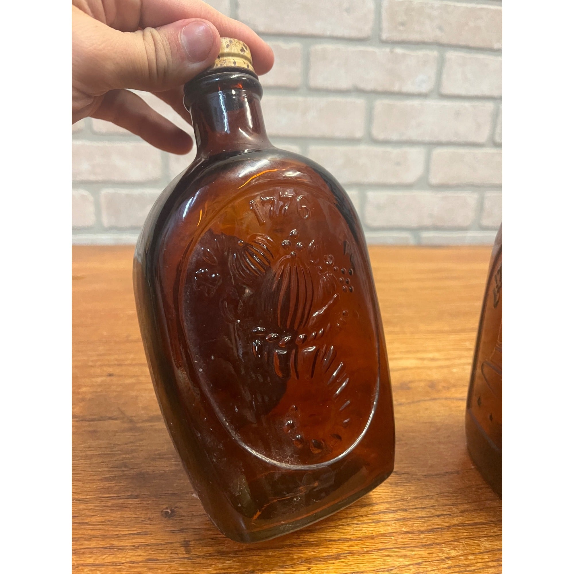 Vintage Log Cabin Syrup Bottle Bicentennial 1776-1976 Amber Bottles Liberty Bell