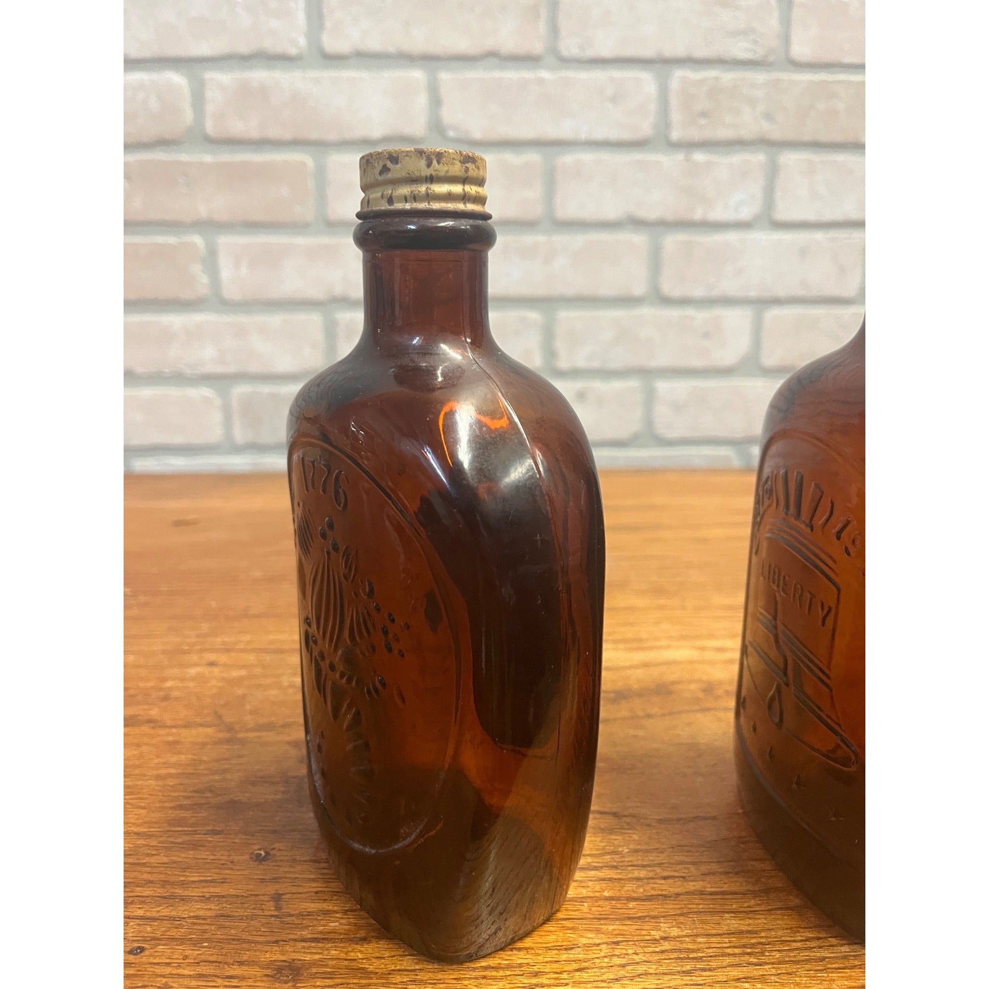 Vintage Log Cabin Syrup Bottle Bicentennial 1776-1976 Amber Bottles Liberty Bell