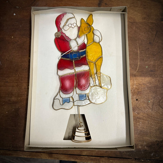 Vintage Santa Claus & Reindeer Illuminated Capiz Shell Christmas Tree Topper NOS
