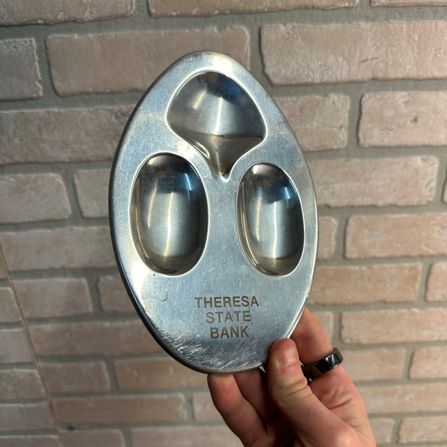 Vintage Theresa Wisconsin Wis State Bank Metal Spoon Rest Trivet Egg Holder Advertising