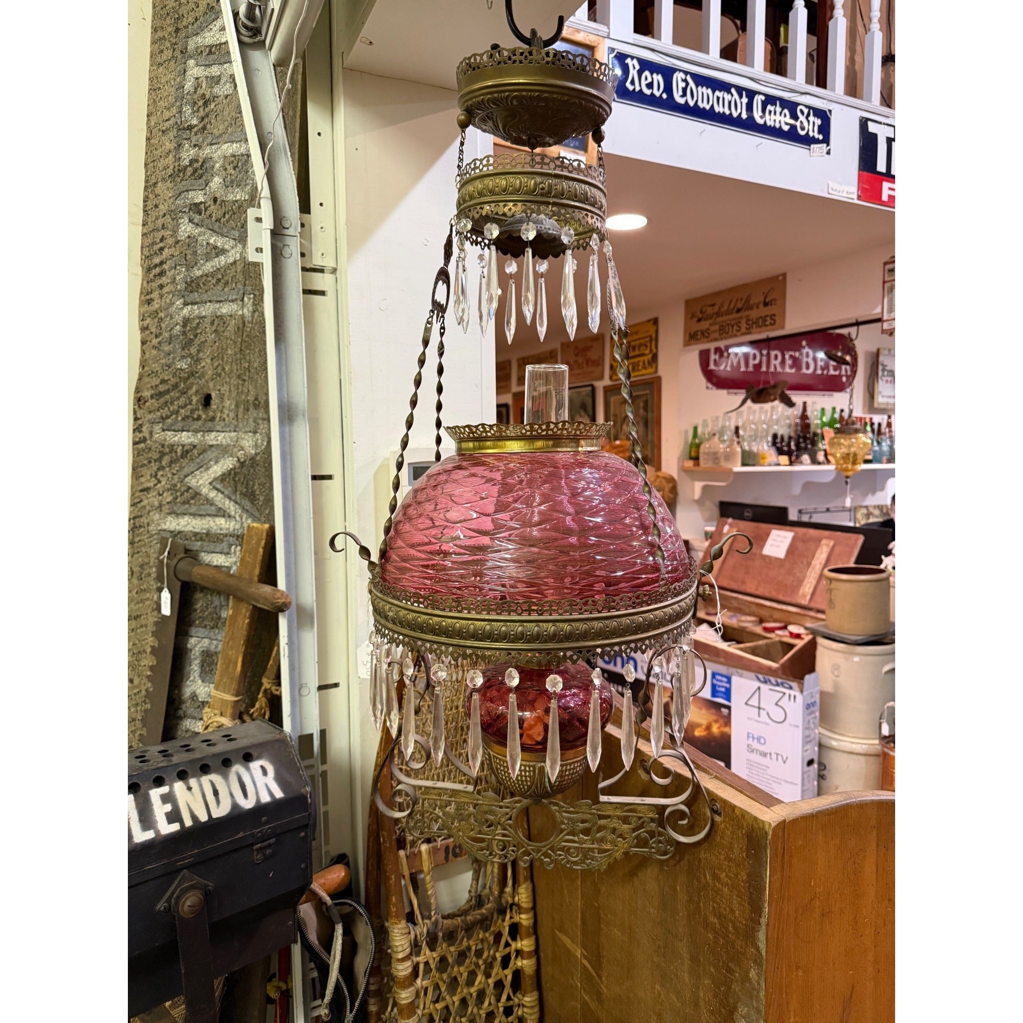 Antique Bradley Hubbard Cranberry Brass Hanging Parlor Library Oil Kerosene Lamp Wavy