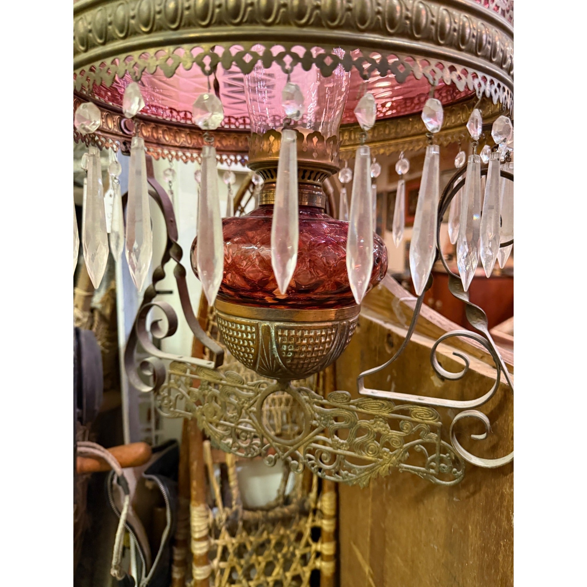 Antique Bradley Hubbard Cranberry Brass Hanging Parlor Library Oil Kerosene Lamp Wavy