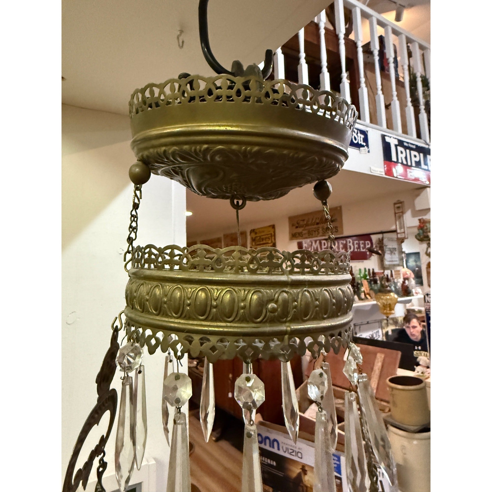 Antique Bradley Hubbard Cranberry Brass Hanging Parlor Library Oil Kerosene Lamp Wavy