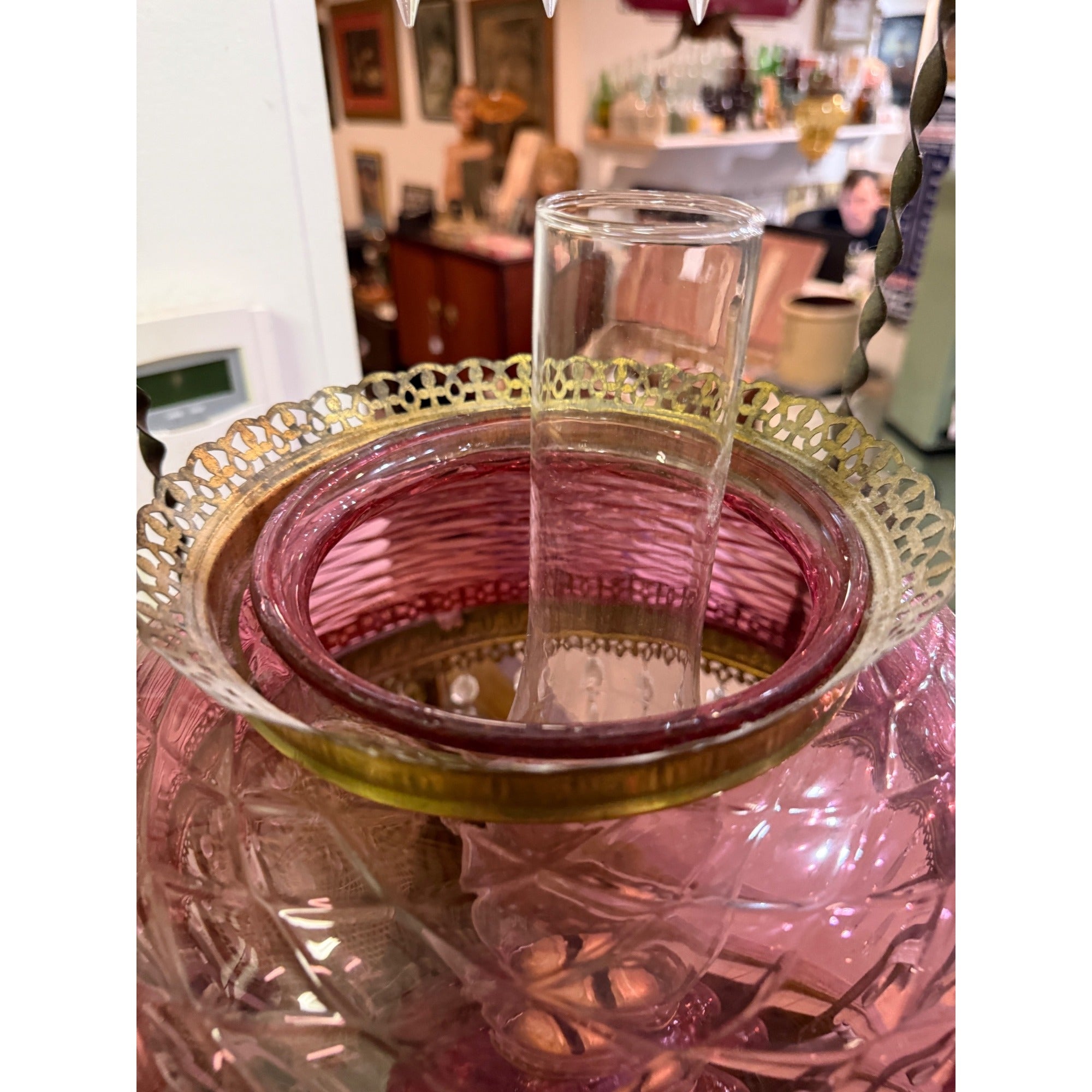 Antique Bradley Hubbard Cranberry Brass Hanging Parlor Library Oil Kerosene Lamp Wavy