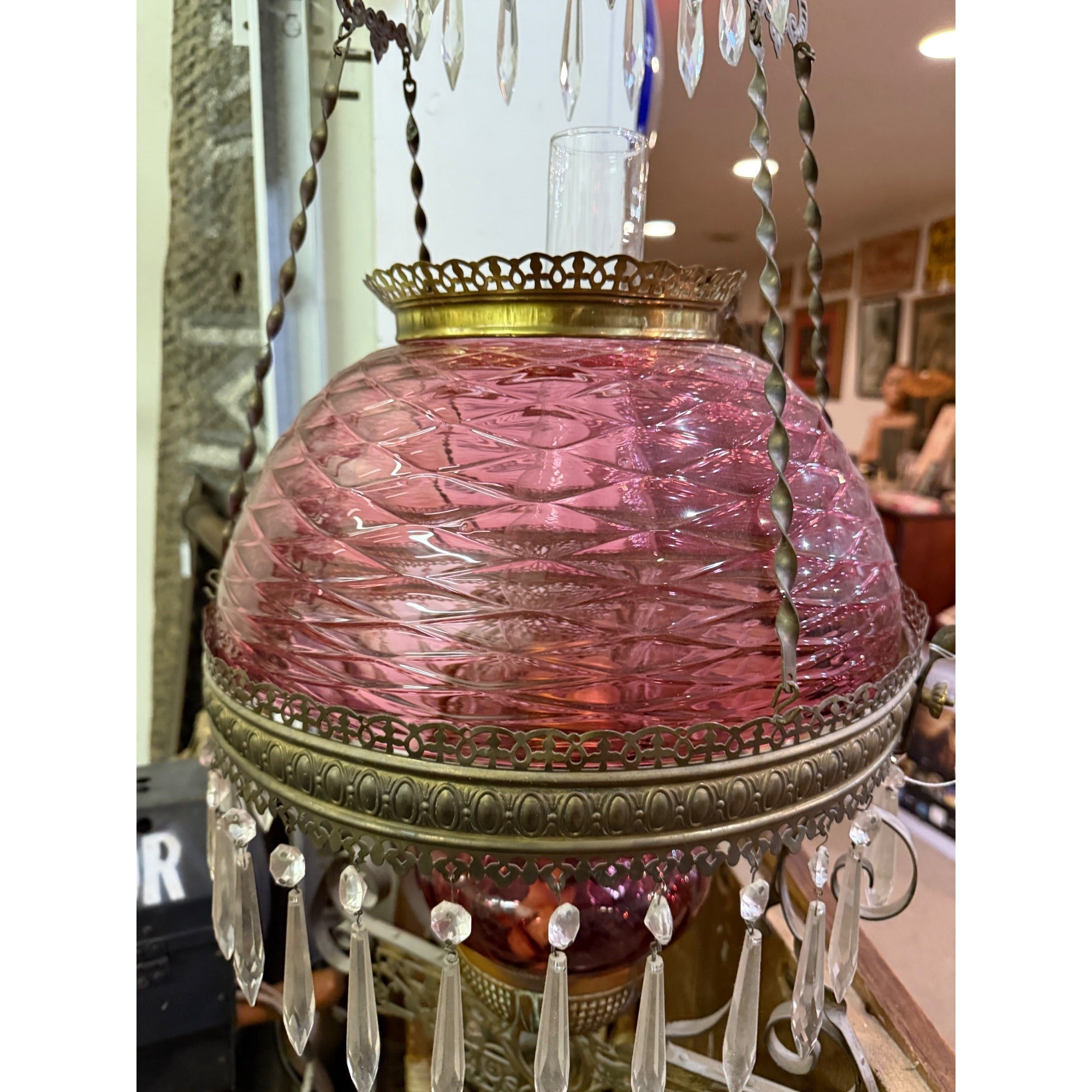 Antique Bradley Hubbard Cranberry Brass Hanging Parlor Library Oil Kerosene Lamp Wavy