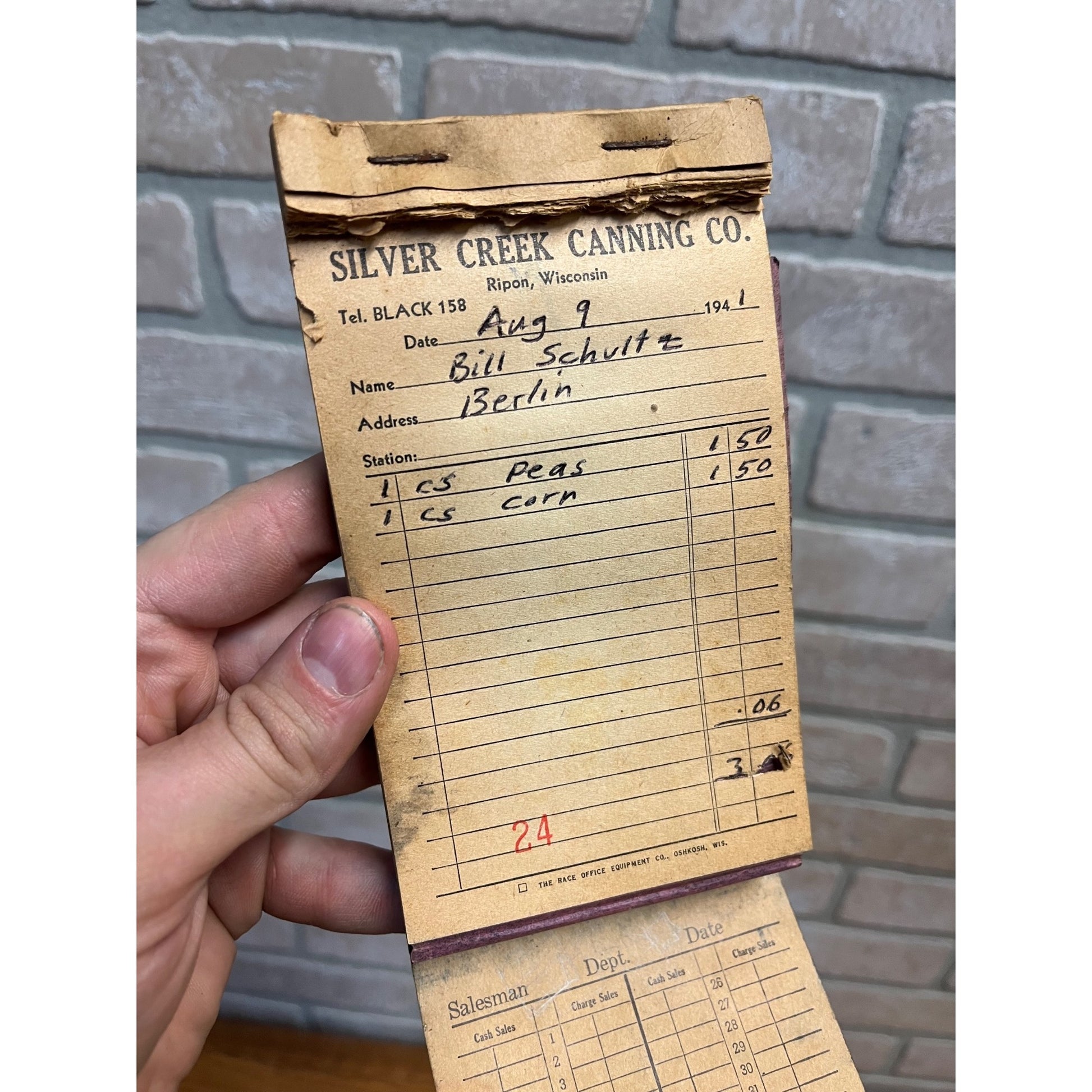 Vintage 1940s Silver Creek Canning Co Ripon Wisconsin Memo Pad Notebook Receipt