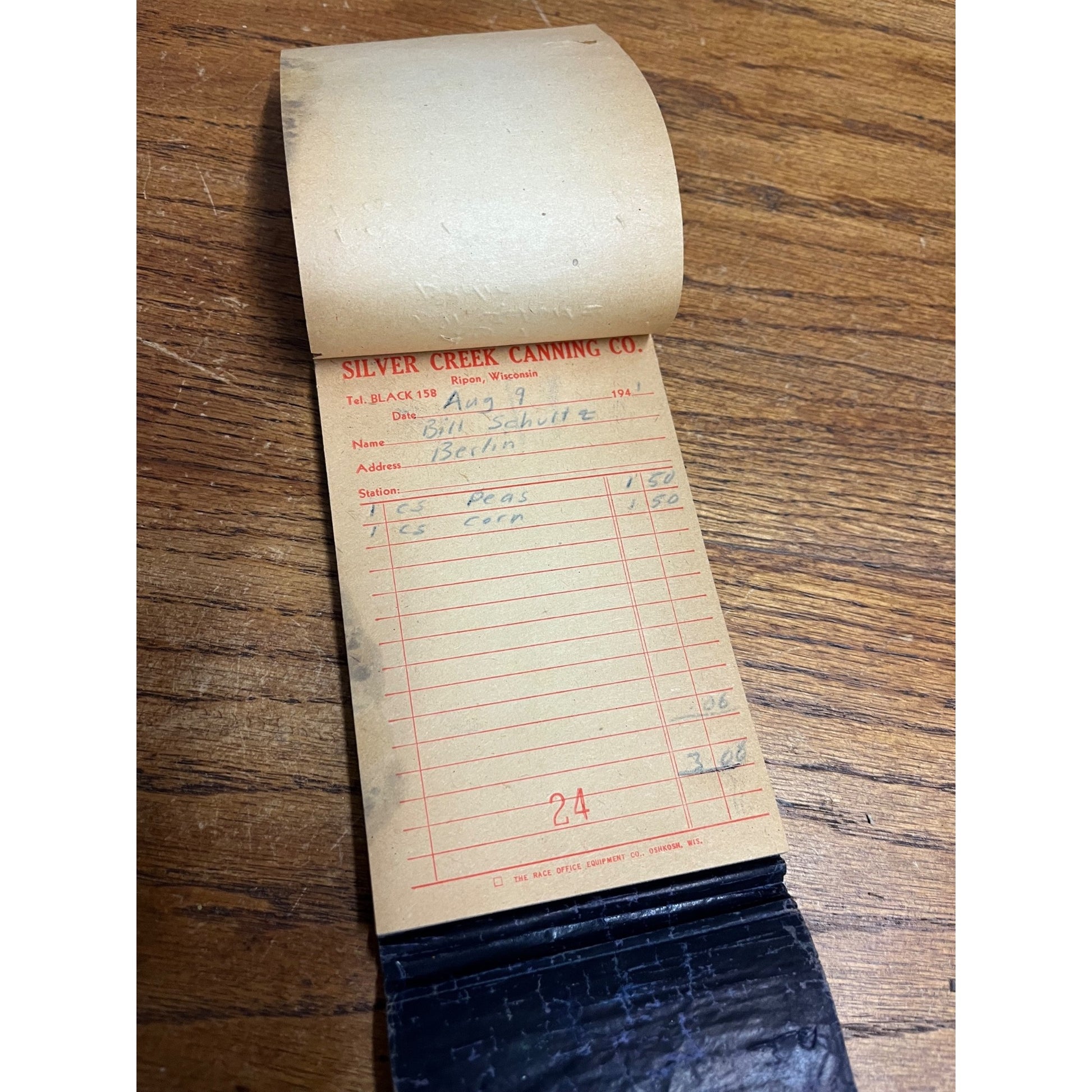 Vintage 1940s Silver Creek Canning Co Ripon Wisconsin Memo Pad Notebook Receipt
