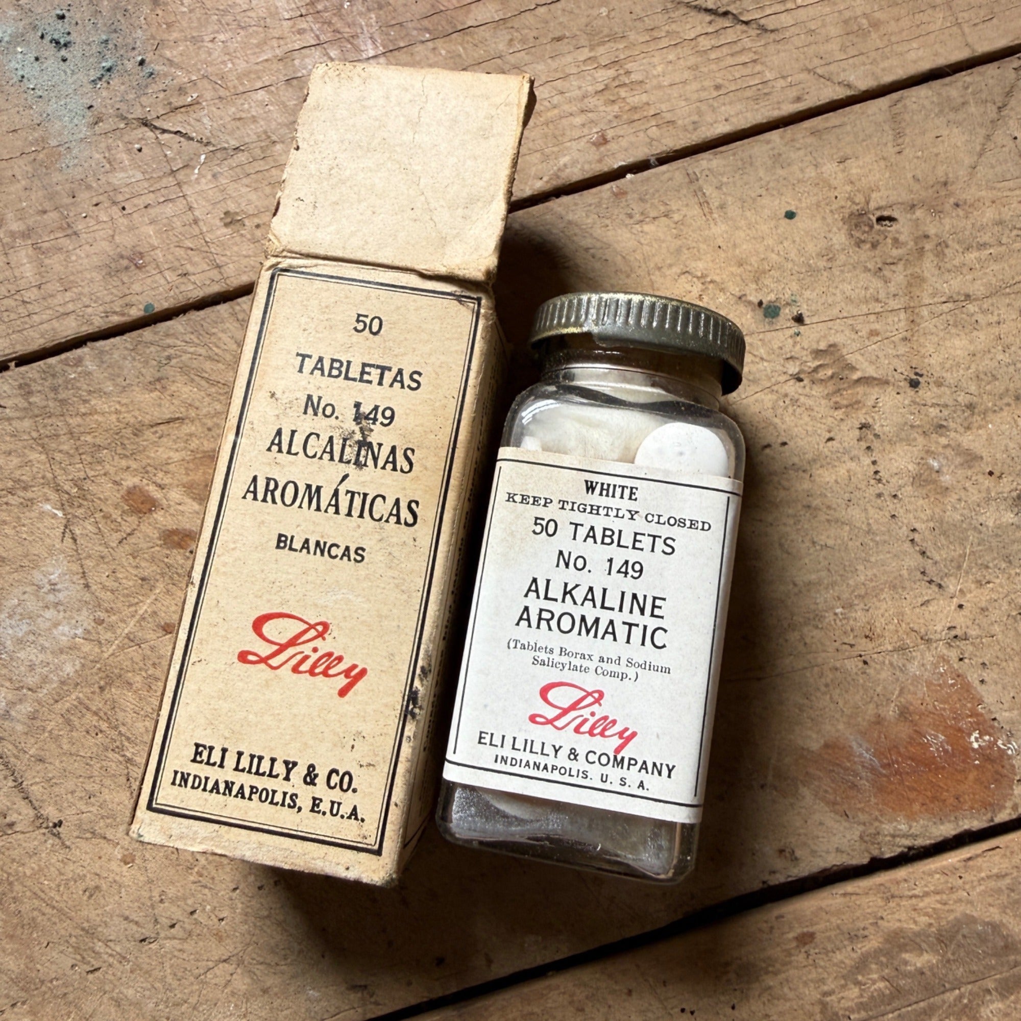 Antique Eli Lilly Alkaline Aromatic Tablets Bottle Box Spanish Export Pharmacy