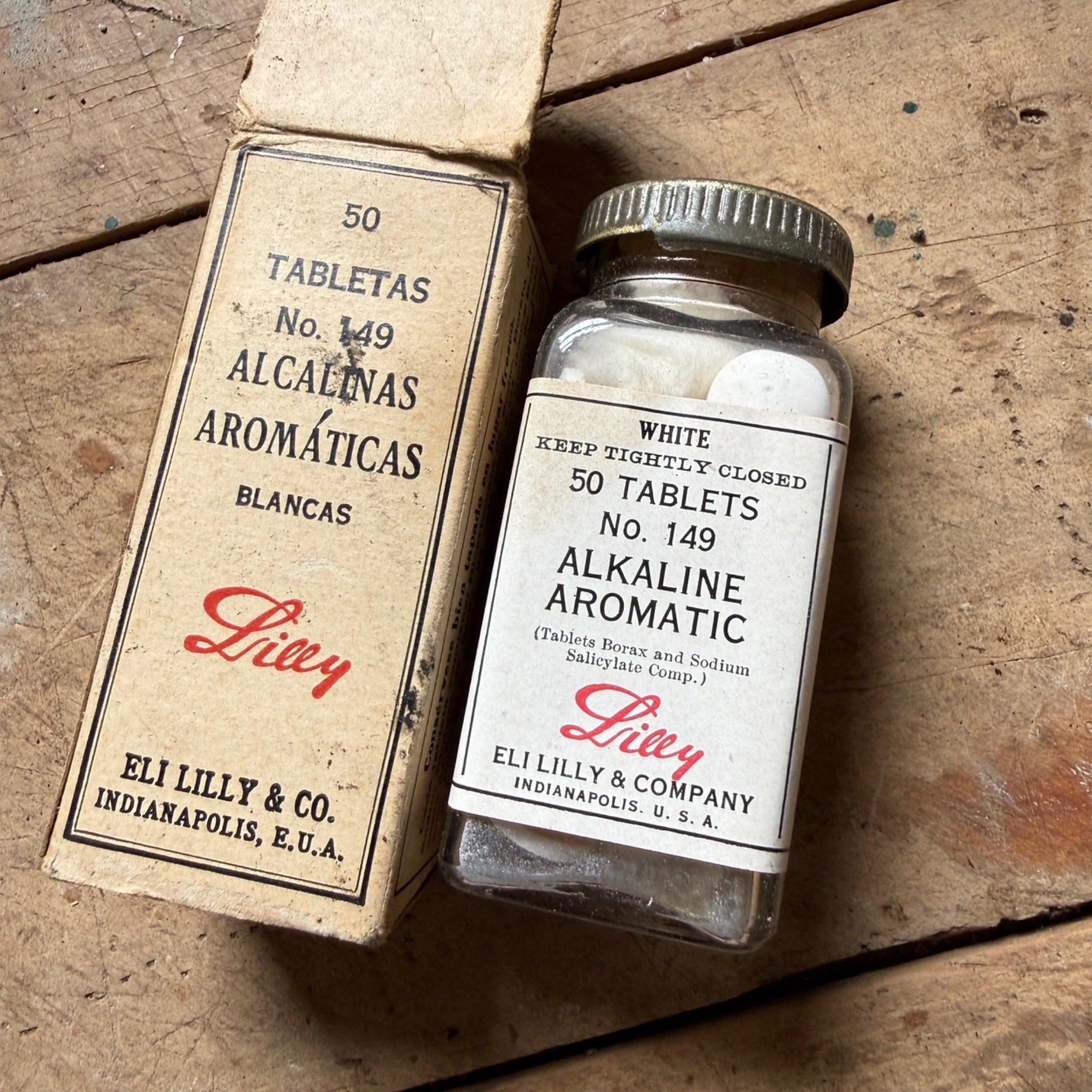 Antique Eli Lilly Alkaline Aromatic Tablets Bottle Box Spanish Export Pharmacy