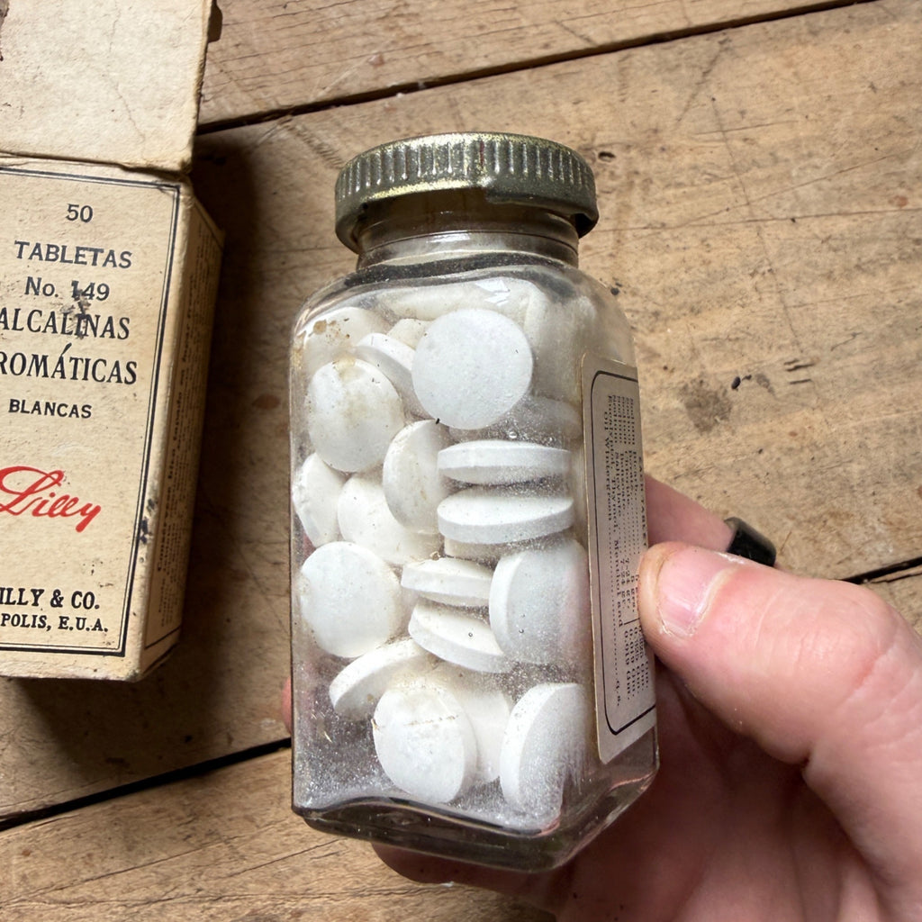 Antique Eli Lilly Alkaline Aromatic Tablets Bottle Box Spanish Export Pharmacy