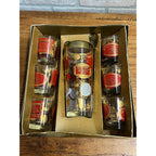 Vintage Jeannette Glass Company Recipe Cocktail Shaker & Glasses 9pc Red/Gold