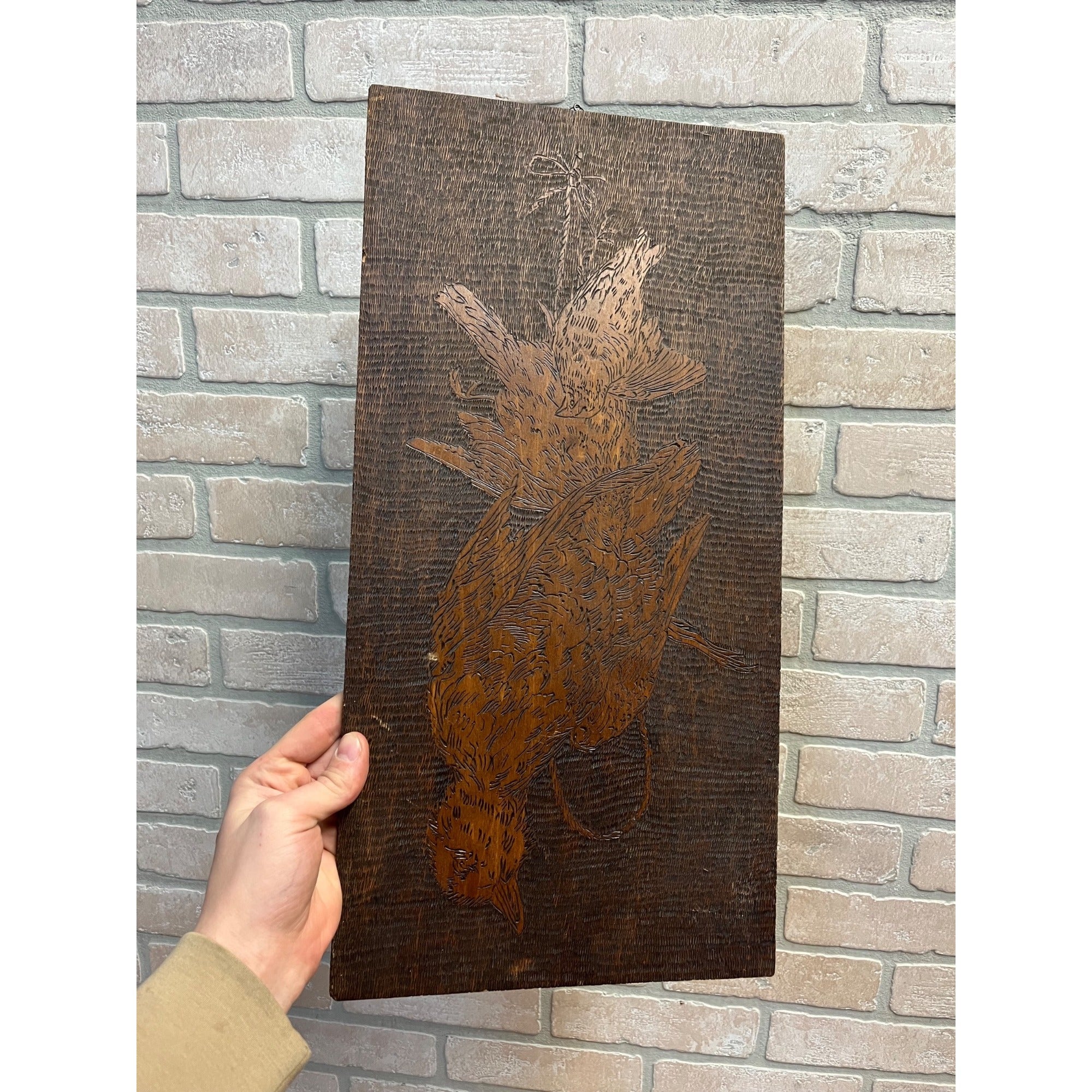 Vintage Pyrography Wooden Wall Sign Hanging Hens Hunting Chicken Bird Decor