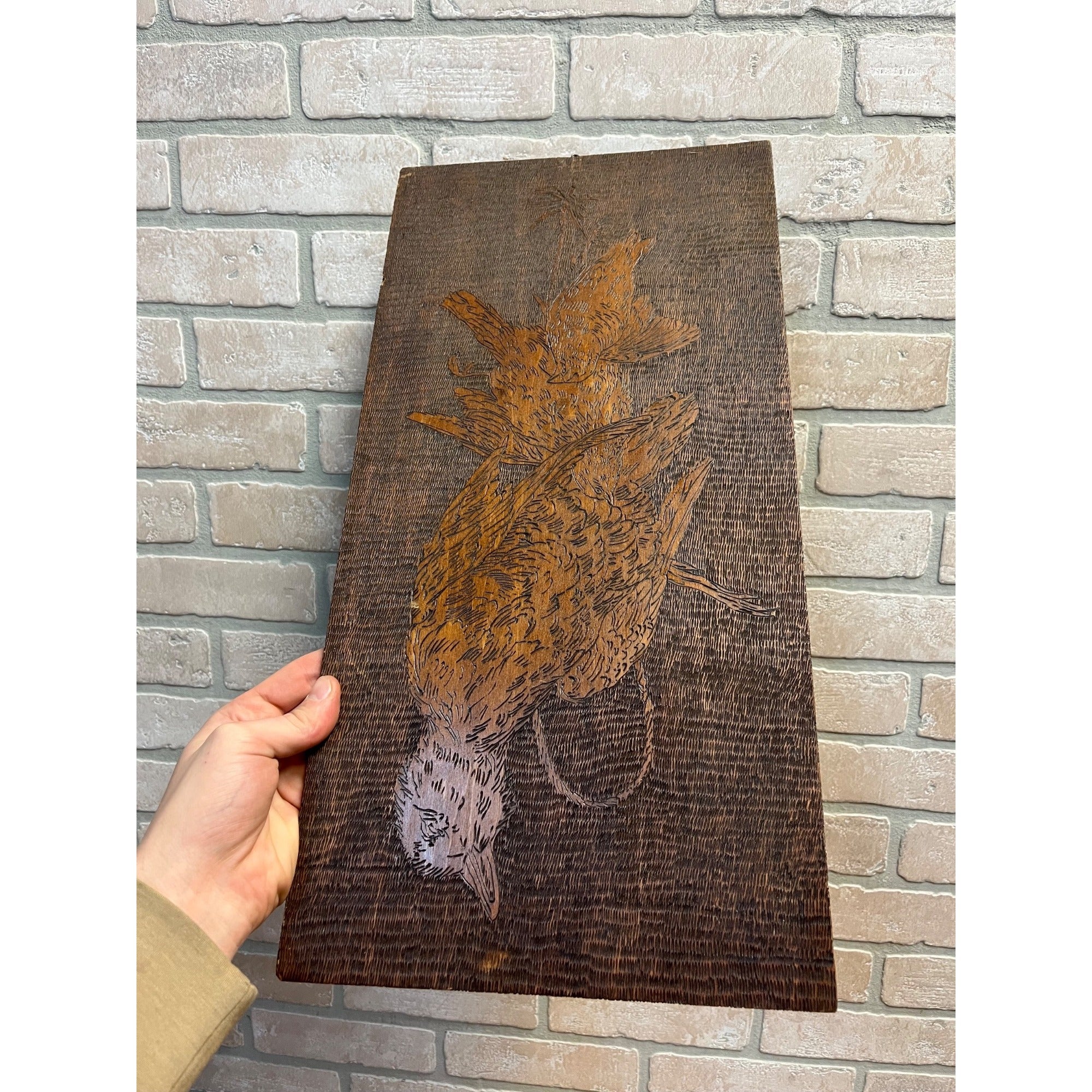 Vintage Pyrography Wooden Wall Sign Hanging Hens Hunting Chicken Bird Decor