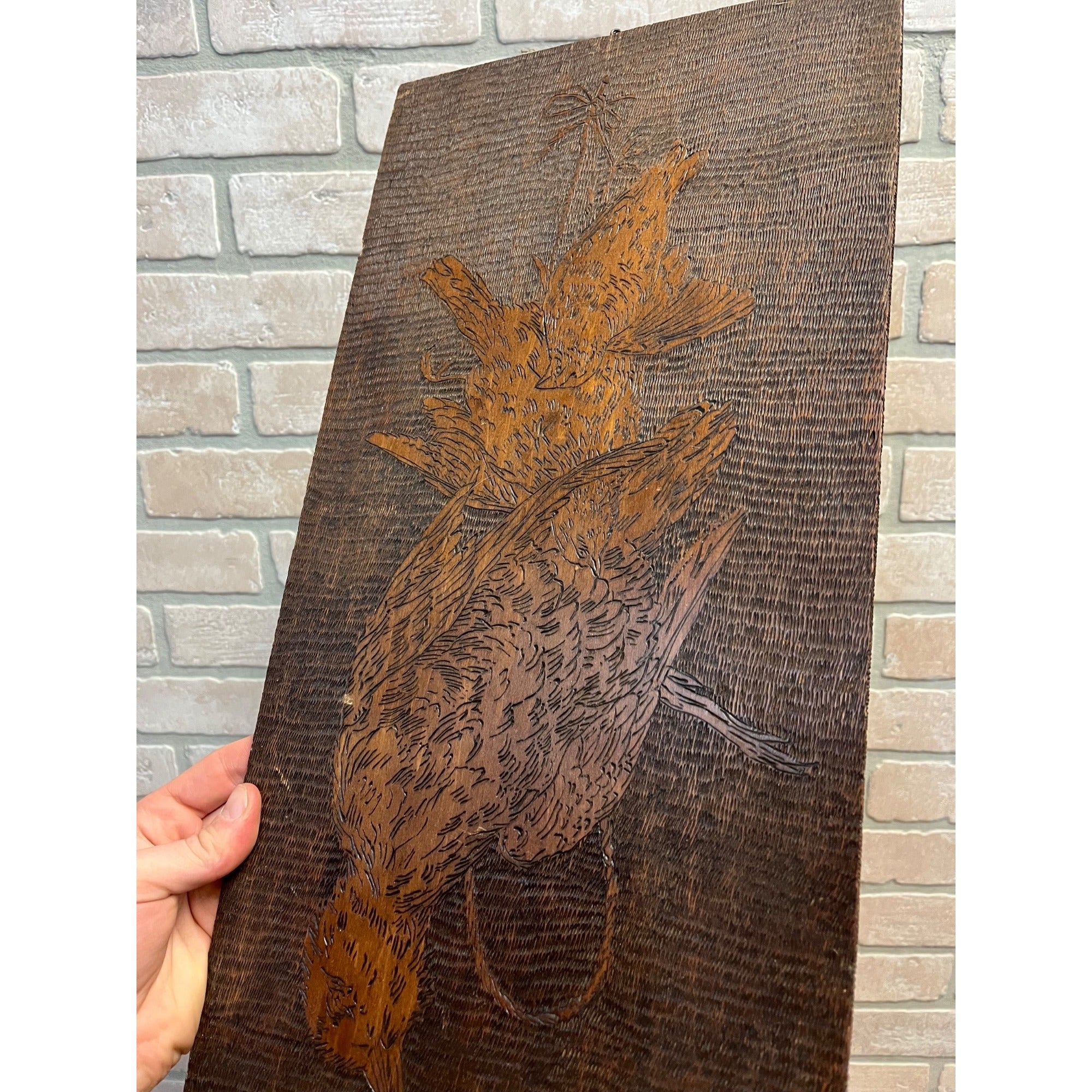 Vintage Pyrography Wooden Wall Sign Hanging Hens Hunting Chicken Bird Decor