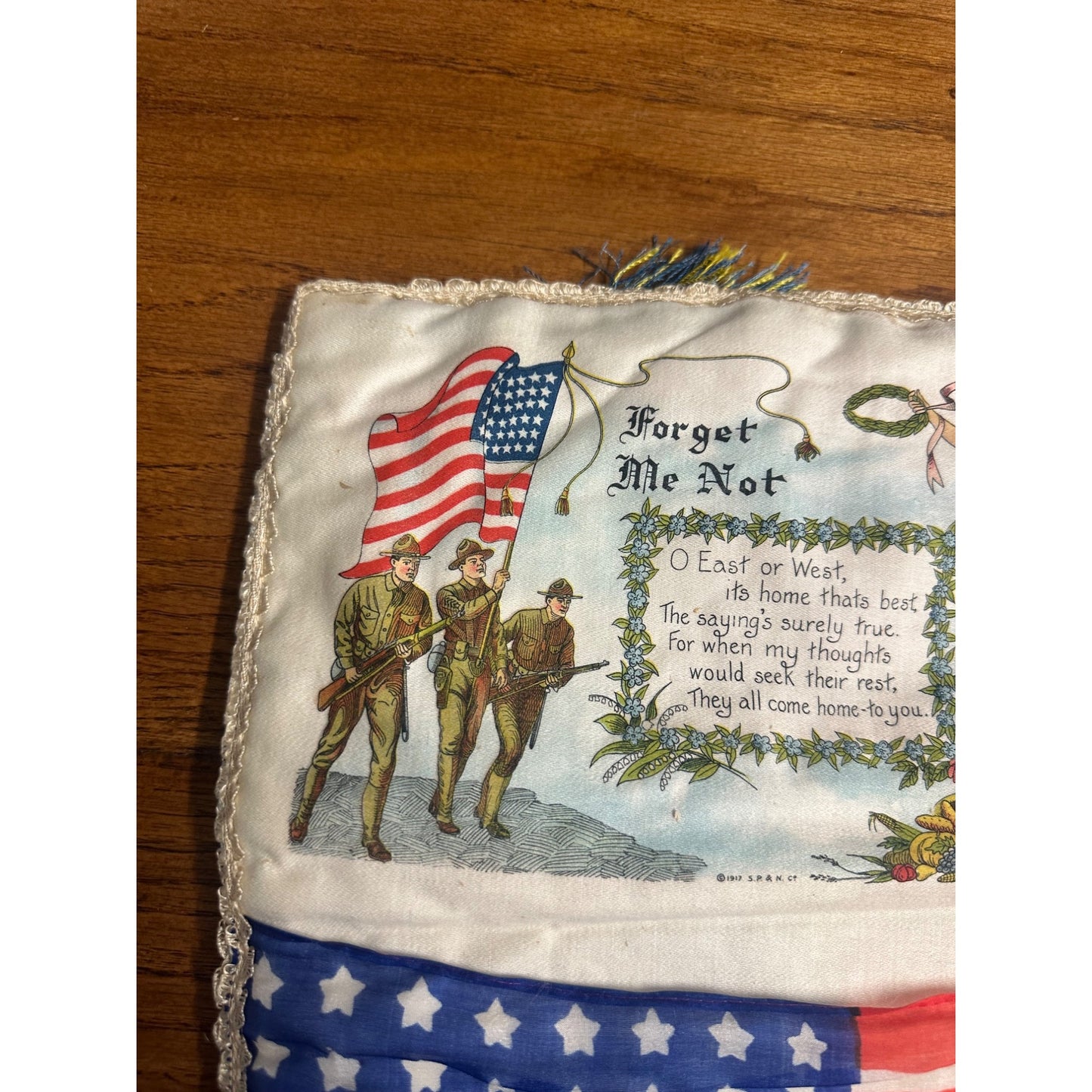 RARE Original WWI 1917 US Flag "Forget Me Not" Pillow Silk Sweetheart 48 Star