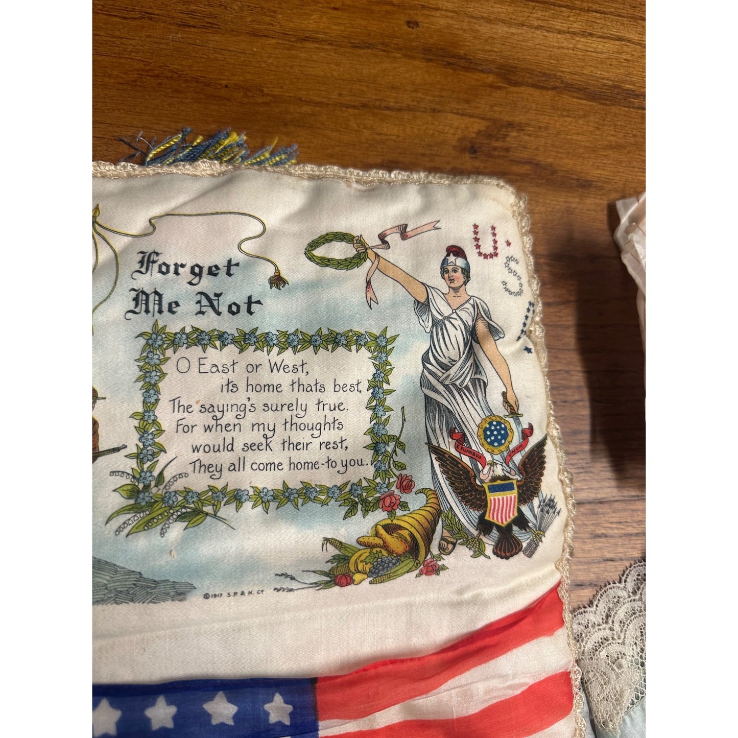 RARE Original WWI 1917 US Flag "Forget Me Not" Pillow Silk Sweetheart 48 Star