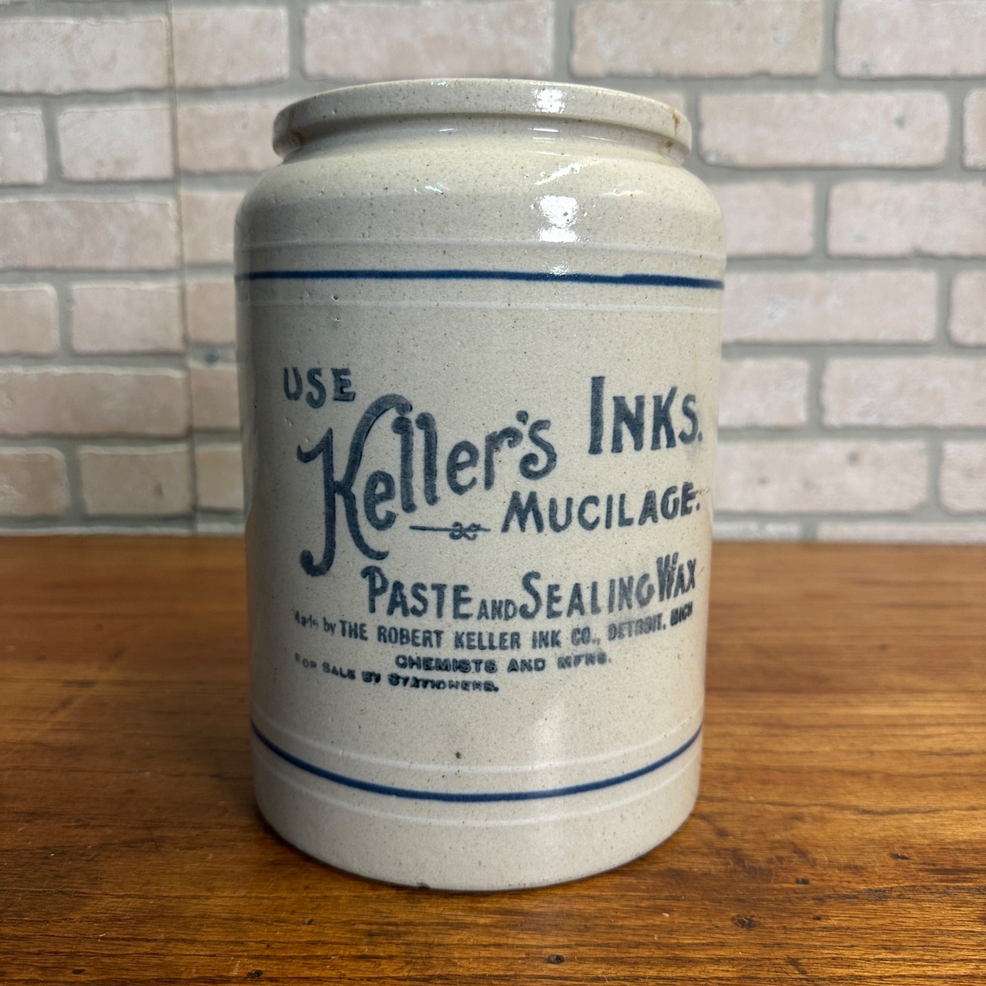 Original Keller's Inks & Glue Advertising Stoneware Jar Antique Detroit Michigan