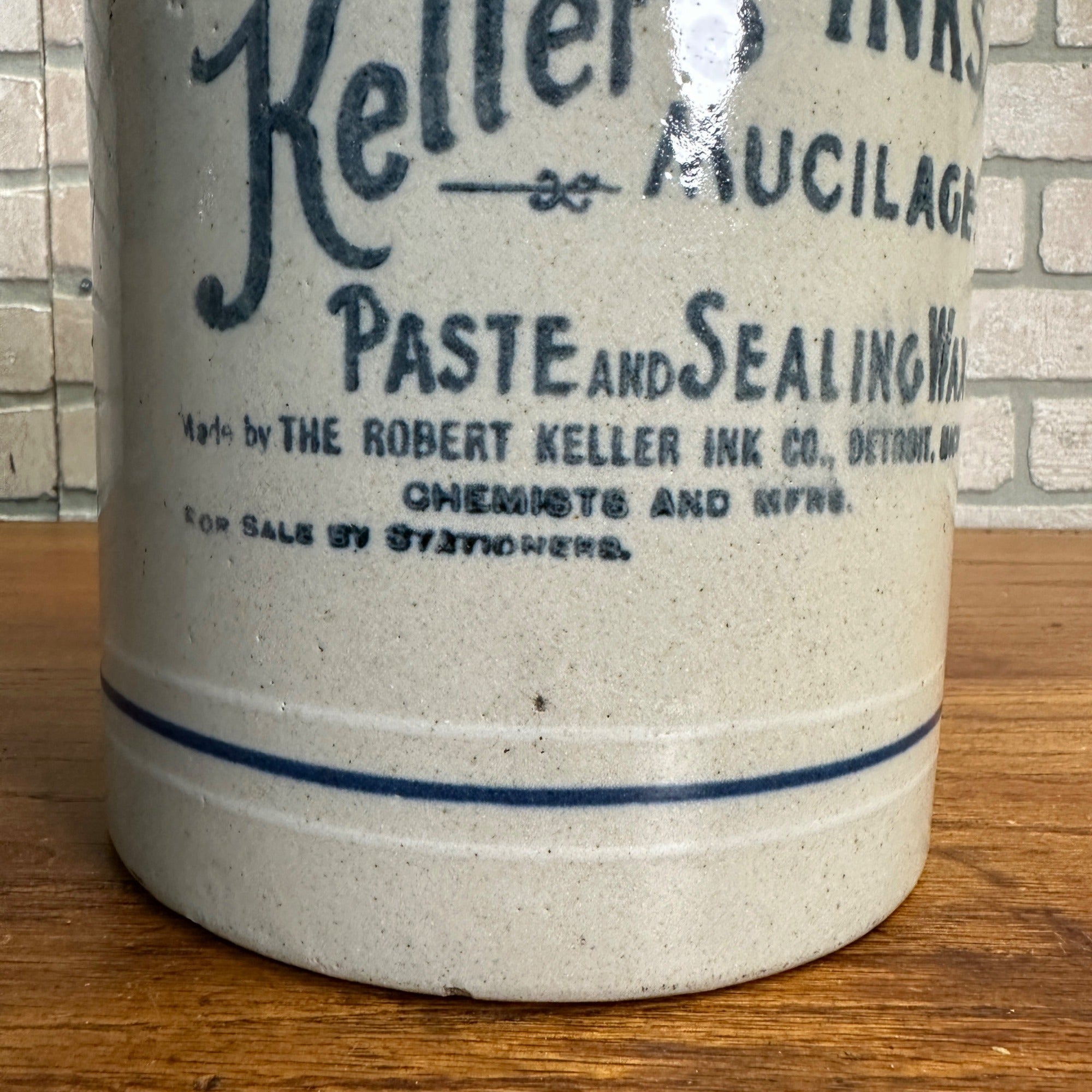 Original Keller's Inks & Glue Advertising Stoneware Jar Antique Detroit Michigan