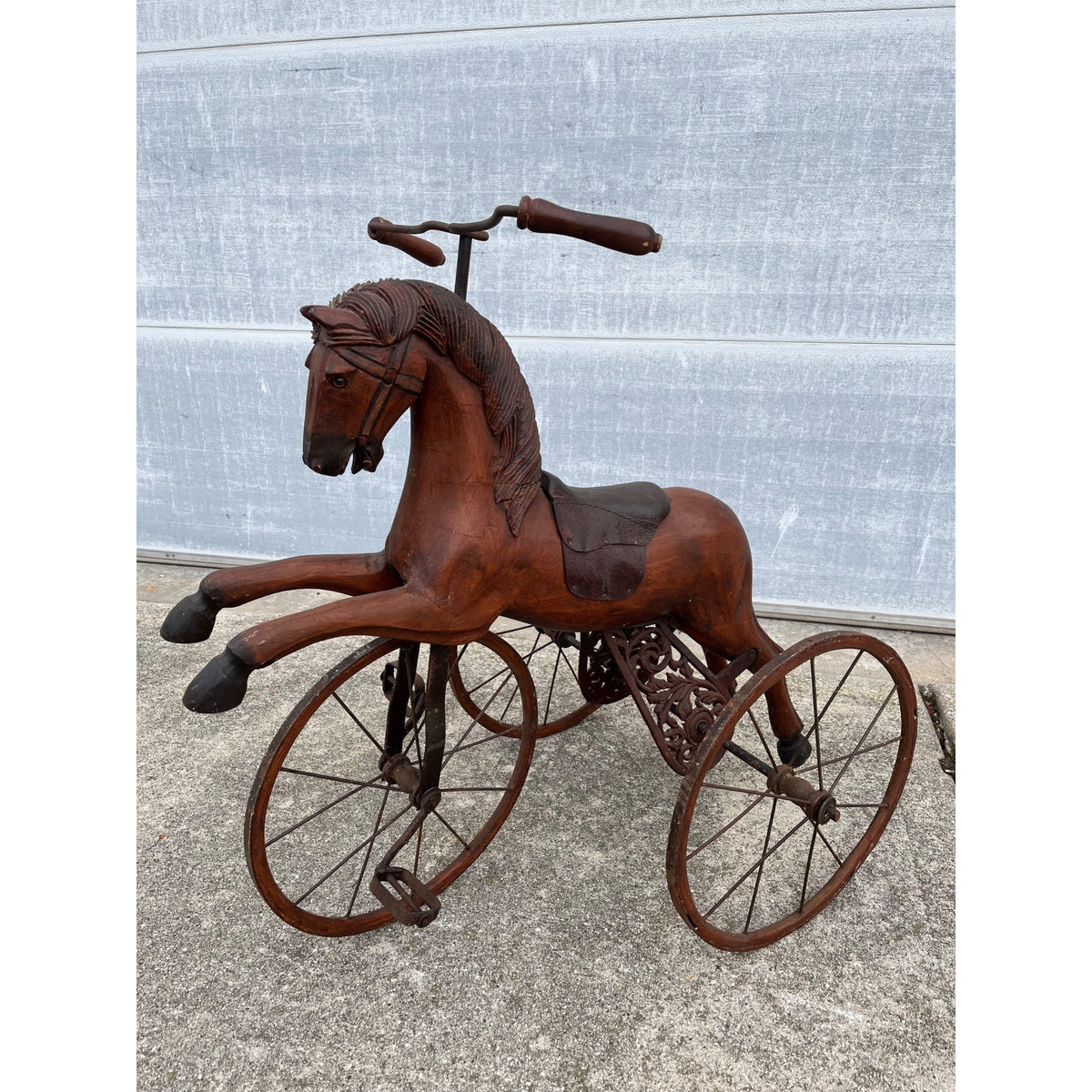 Vintage Mid-Century Carved Wood Horse Tricycle Velocipede Toy Victorian Style