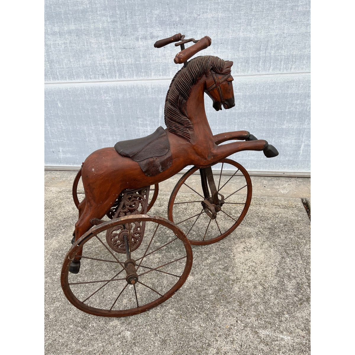 Vintage Mid-Century Carved Wood Horse Tricycle Velocipede Toy Victorian Style