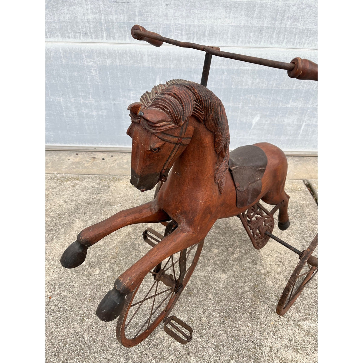 Vintage Mid-Century Carved Wood Horse Tricycle Velocipede Toy Victorian Style