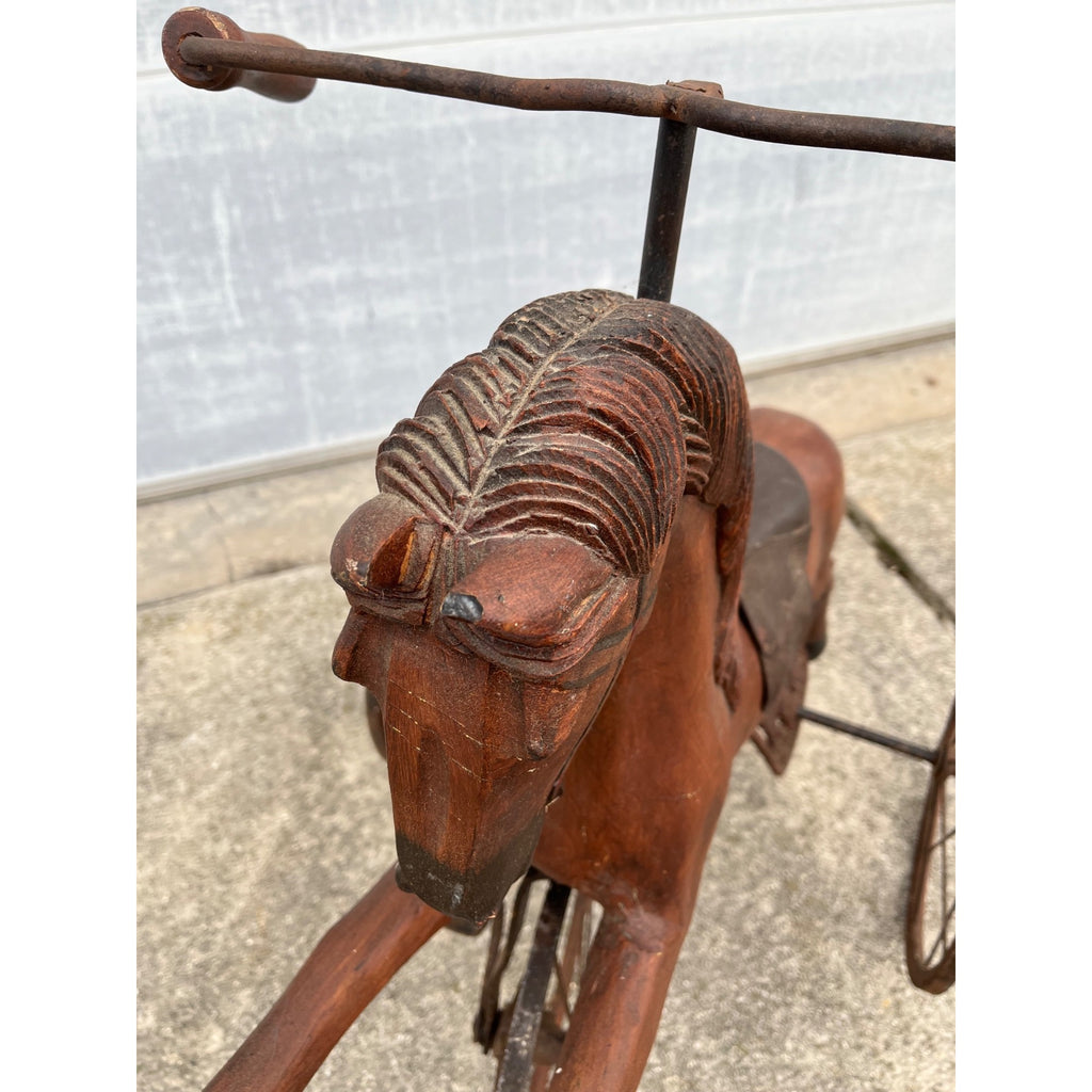 Vintage Mid-Century Carved Wood Horse Tricycle Velocipede Toy Victorian Style