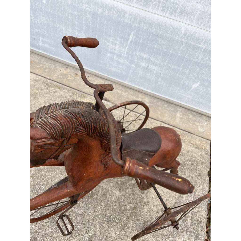Vintage Mid-Century Carved Wood Horse Tricycle Velocipede Toy Victorian Style