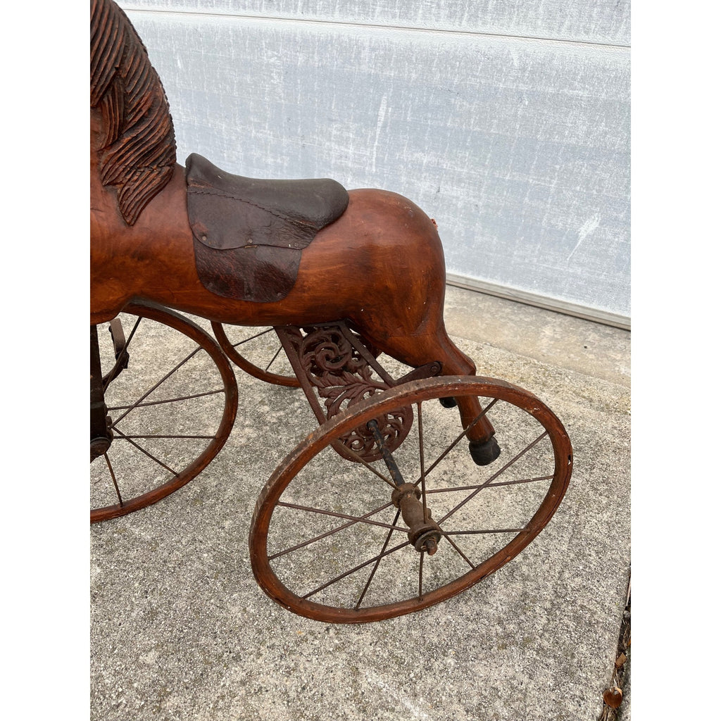 Vintage Mid-Century Carved Wood Horse Tricycle Velocipede Toy Victorian Style
