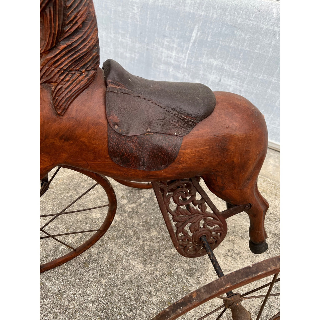 Vintage Mid-Century Carved Wood Horse Tricycle Velocipede Toy Victorian Style