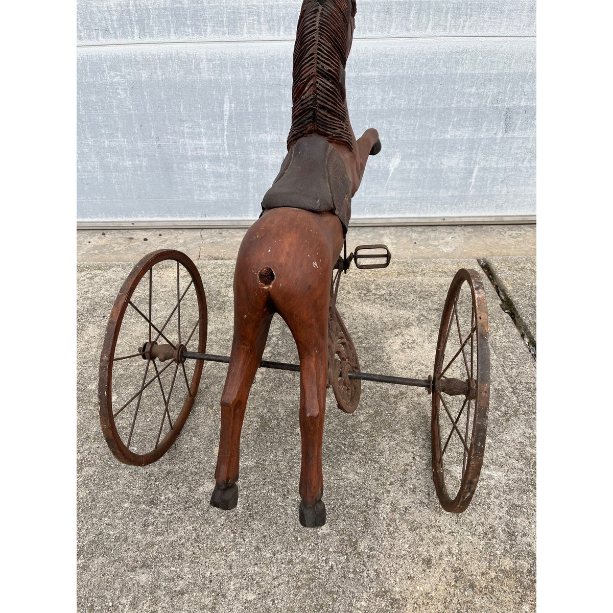 Vintage Mid-Century Carved Wood Horse Tricycle Velocipede Toy Victorian Style