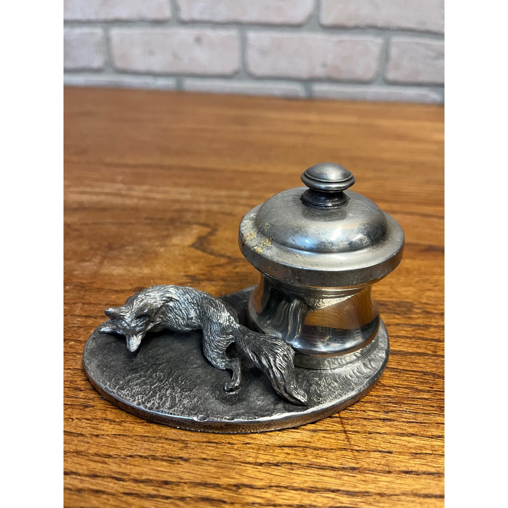 Vintage Fox Hunting Theme Pewter Metal Inkwell or Desk Accessory
