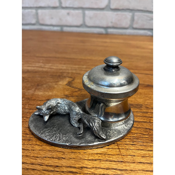 Vintage Fox Hunting Theme Pewter Metal Inkwell or Desk Accessory