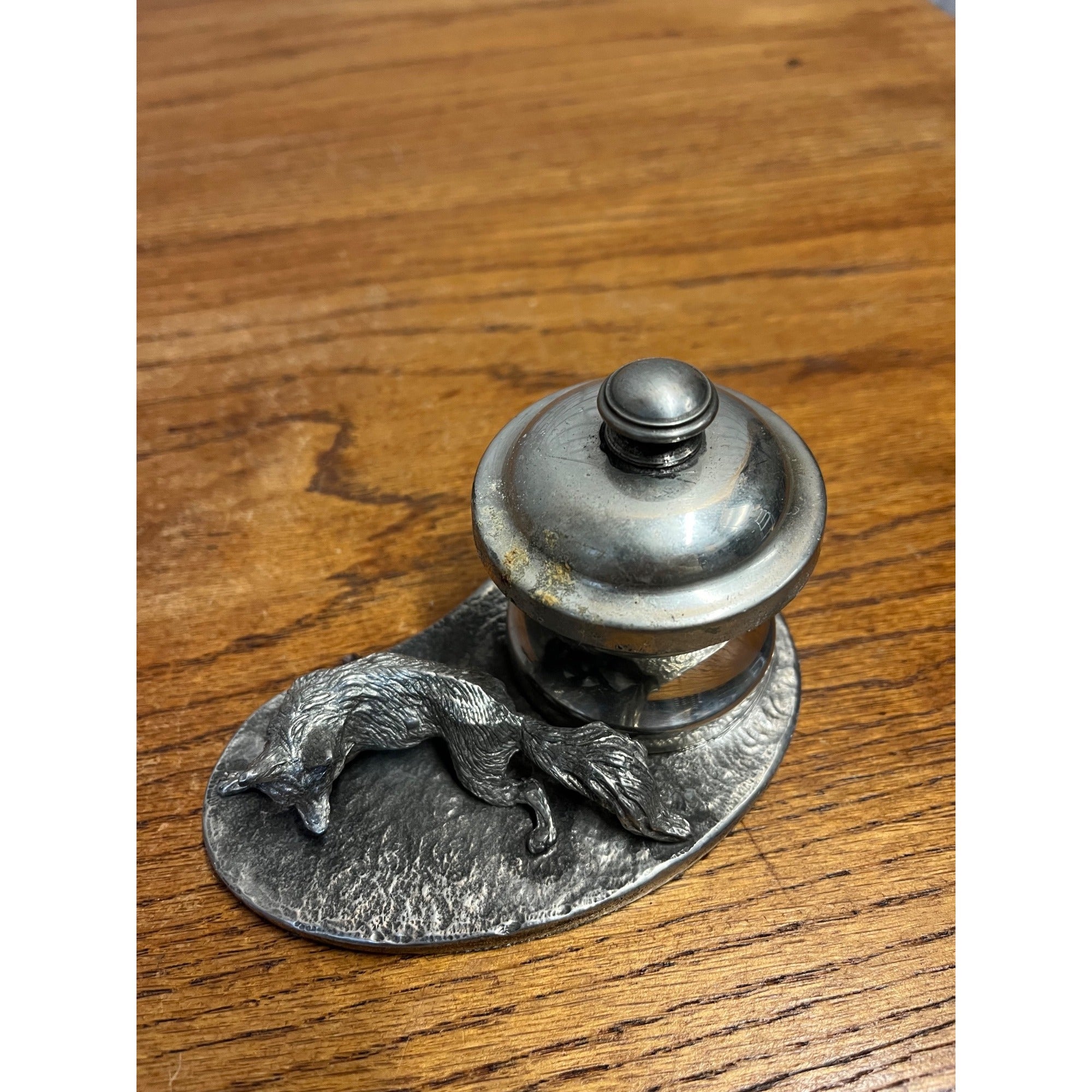 Vintage Fox Hunting Theme Pewter Metal Inkwell or Desk Accessory