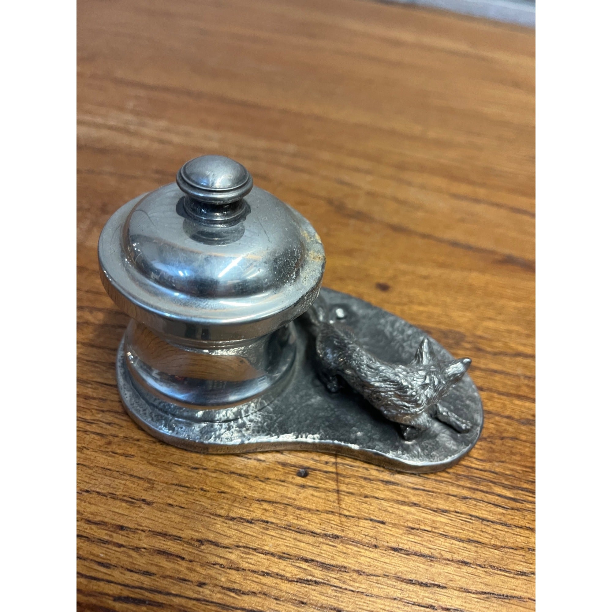 Vintage Fox Hunting Theme Pewter Metal Inkwell or Desk Accessory