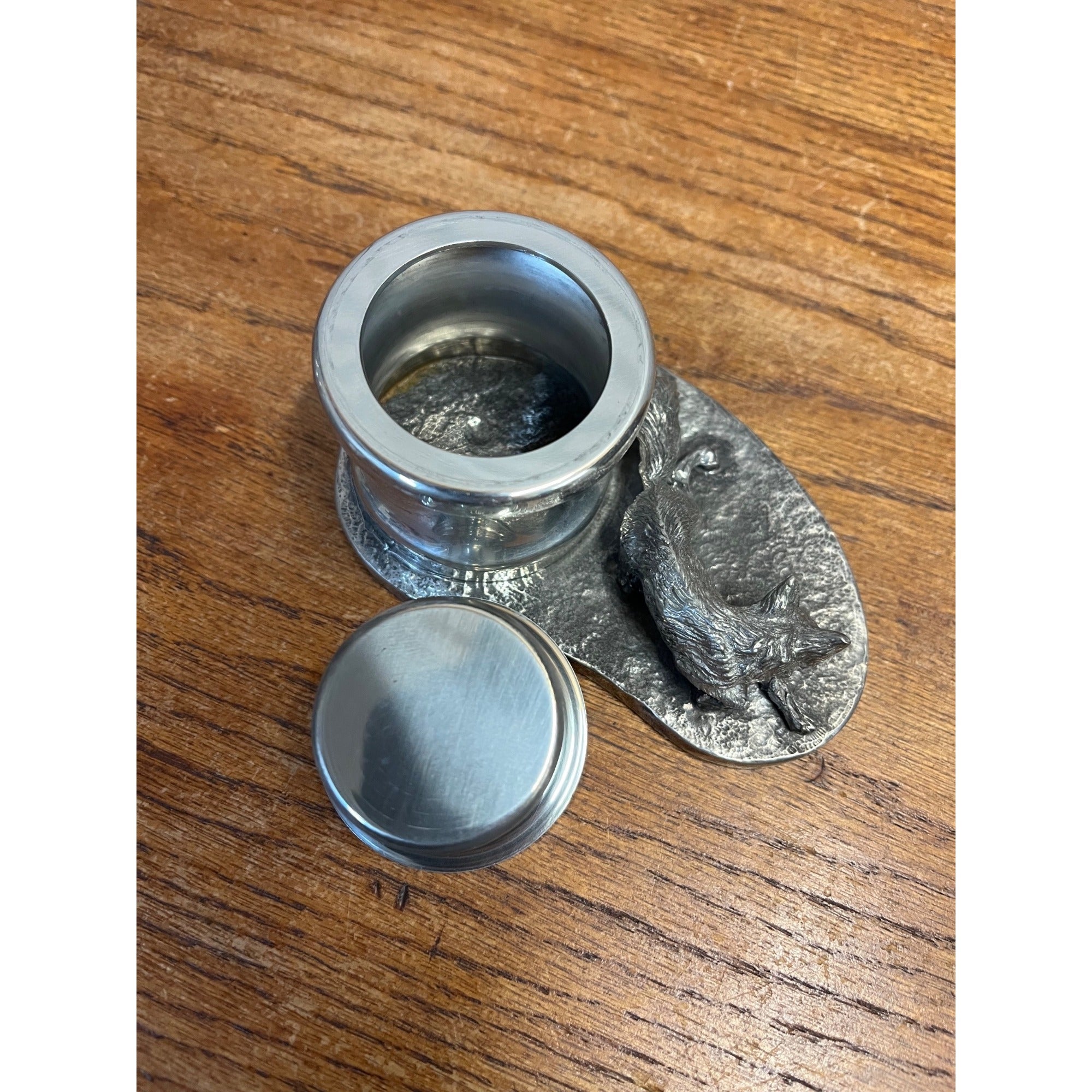 Vintage Fox Hunting Theme Pewter Metal Inkwell or Desk Accessory
