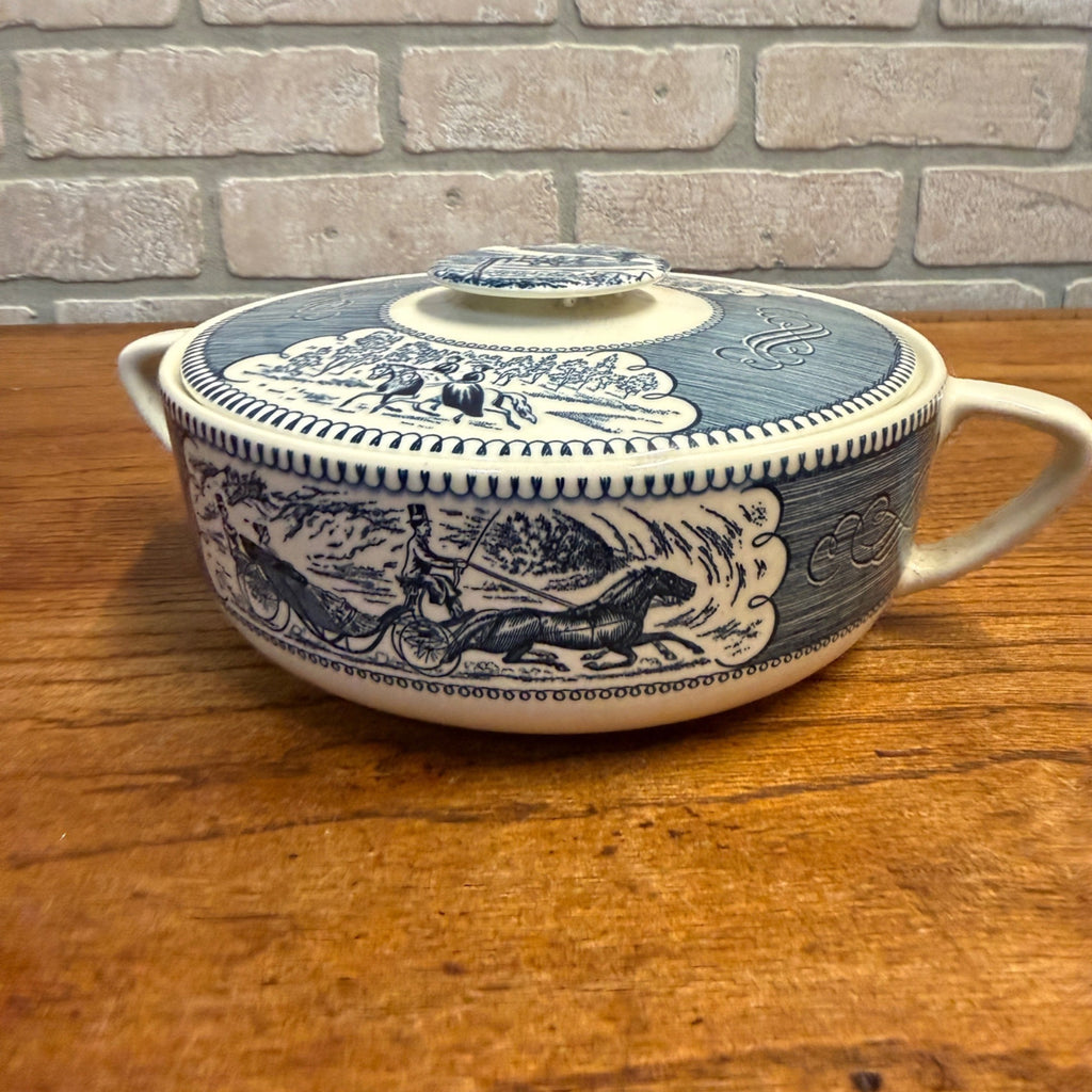 Vintage Currier and Ives by Royal China 1.25 QT Round Covered Casserole Dish