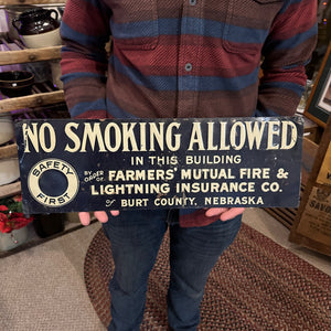 Vintage 1920s Farmers Mutual No Smoking Insurance Co. Advertising Tin Sign