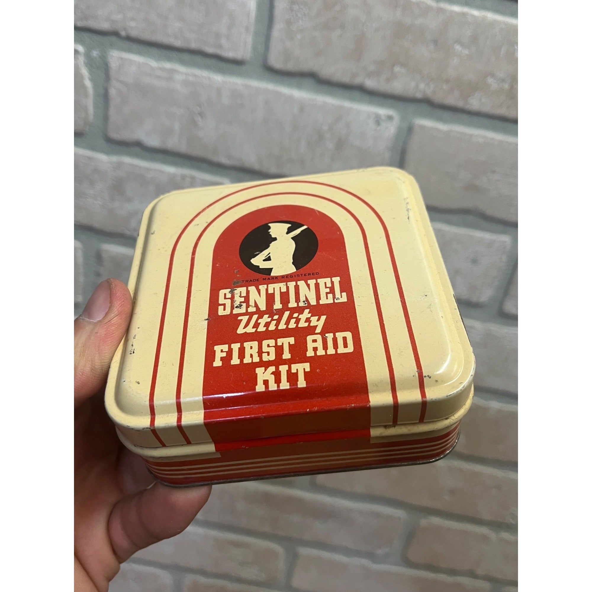 Vintage Sentinel Utility First Aid Kit Tin Metal Medical Emergency Box Empty