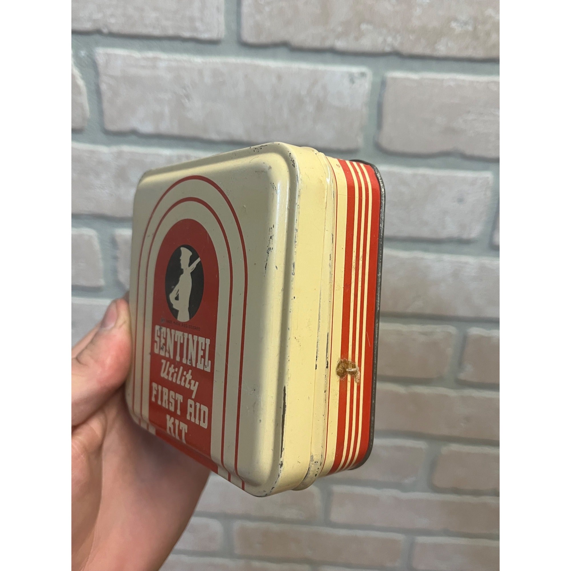Vintage Sentinel Utility First Aid Kit Tin Metal Medical Emergency Box Empty