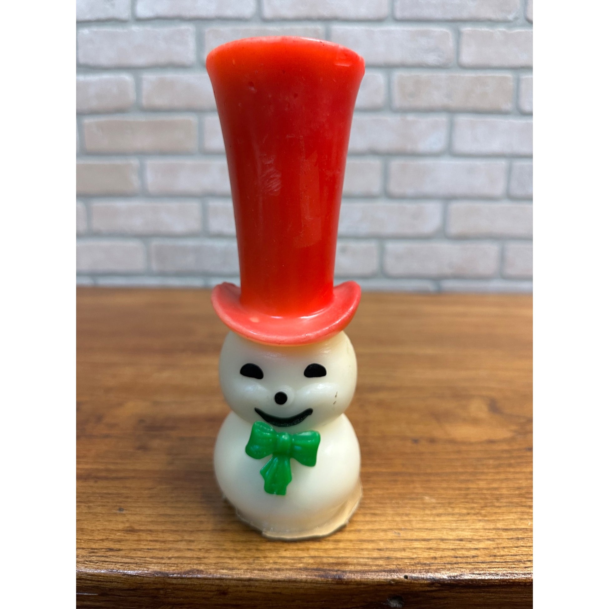 Vintage Gurley Unused Candle Snowman Red Top Hat Green Bowtie W Label 8” Tall