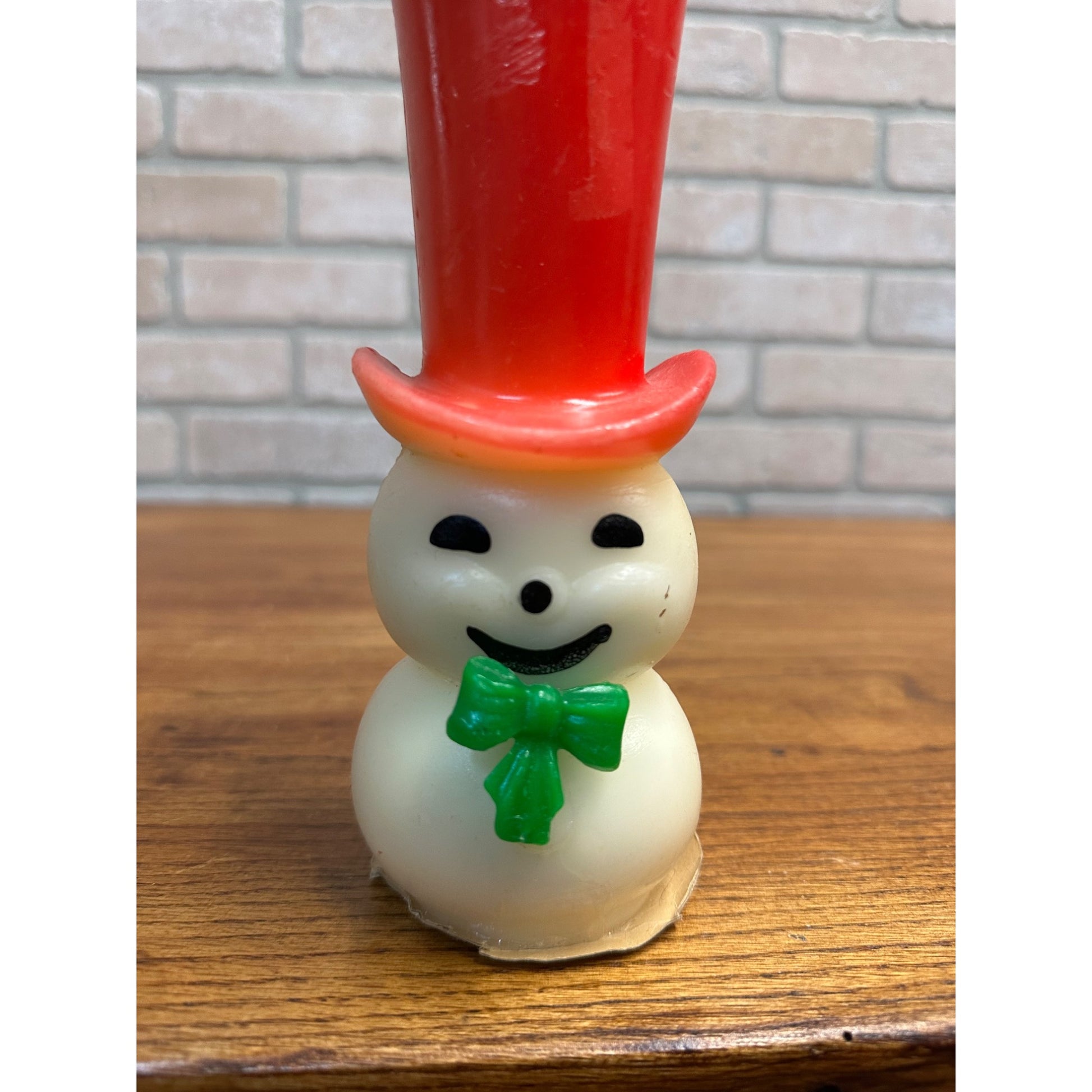 Vintage Gurley Unused Candle Snowman Red Top Hat Green Bowtie W Label 8” Tall