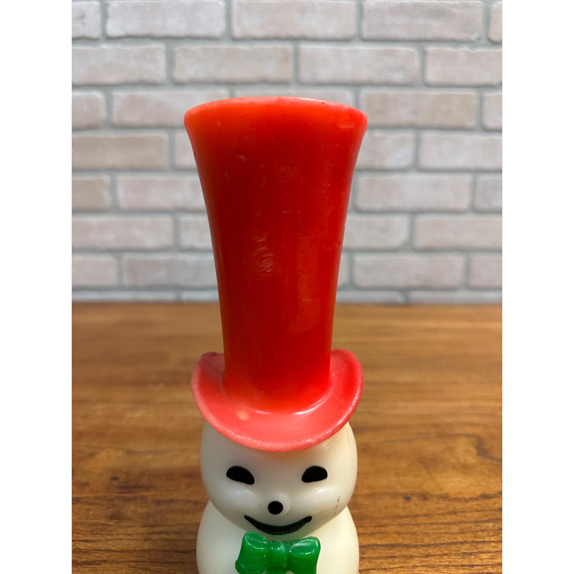 Vintage Gurley Unused Candle Snowman Red Top Hat Green Bowtie W Label 8” Tall